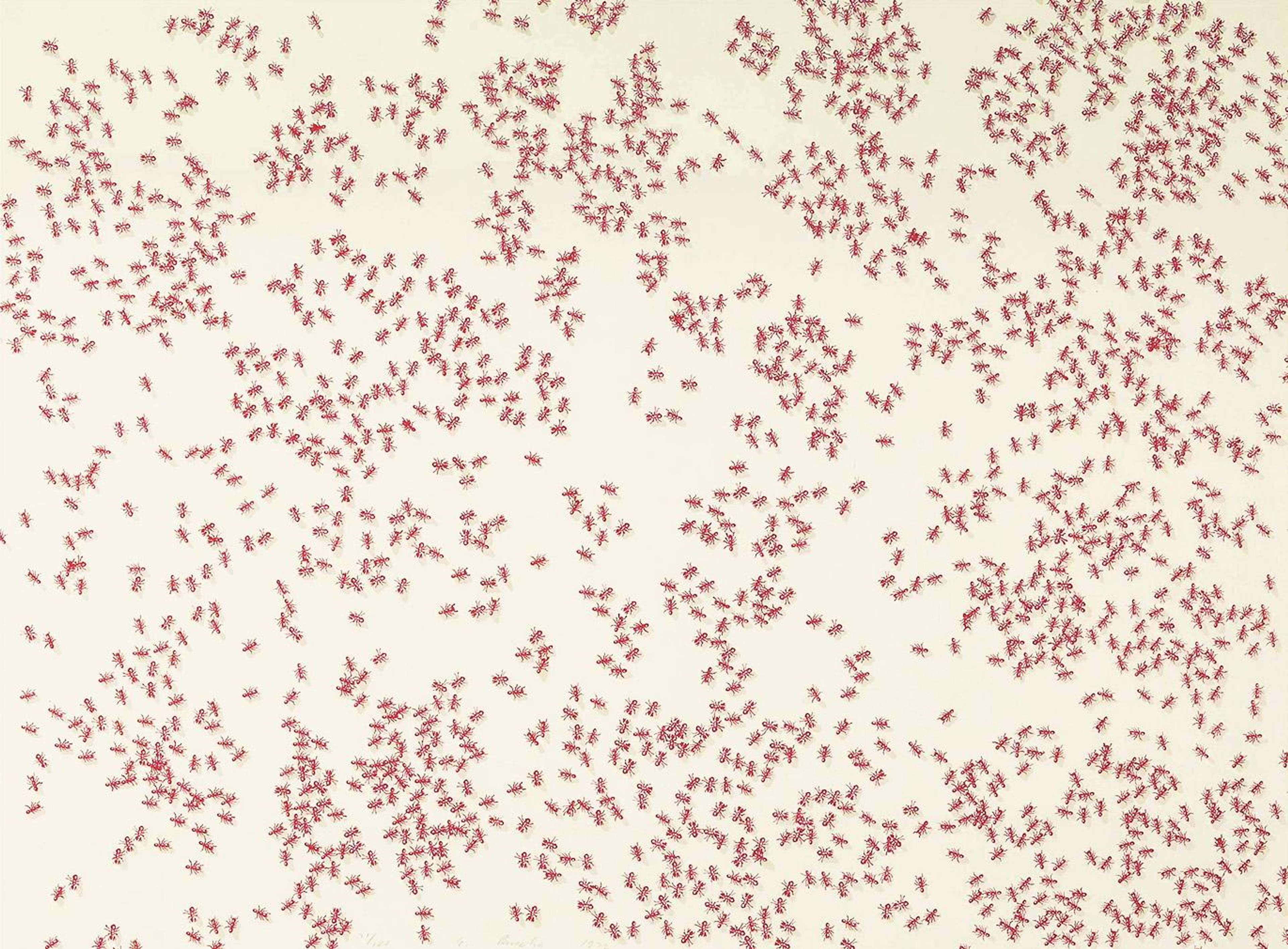 Ed Ruscha's Red Ants, a screenprint depicting red ants scattered across a pale background.