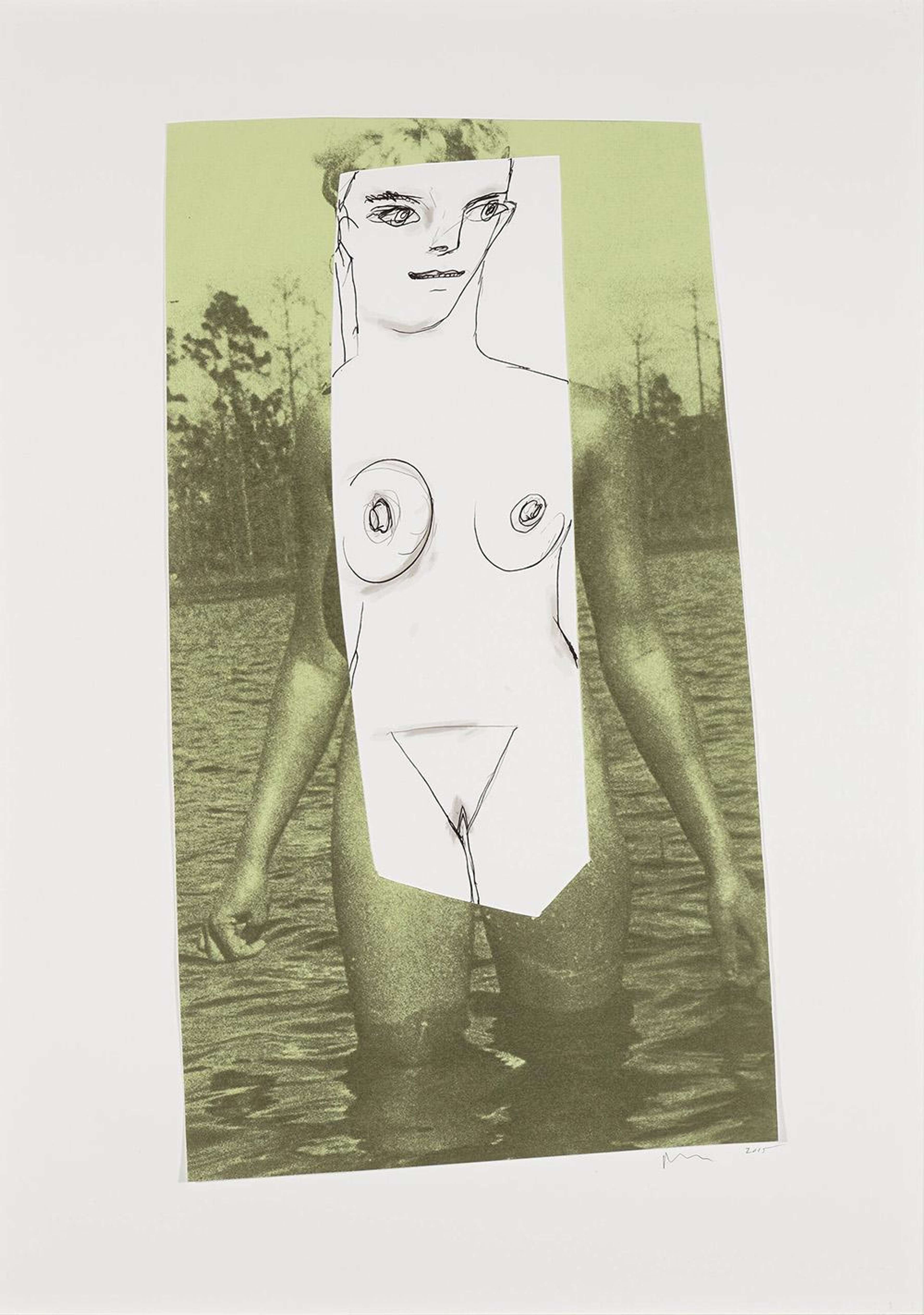 Photographie en noir et blanc d'une femme nue debout jusqu'aux genoux dans l'eau. La photographie présente un traitement de couleur verdâtre. La partie centrale de la photo a été découpée, révélant un papier blanc derrière, sur lequel l'artiste a redessiné le visage, les seins et la région pubienne de la femme.