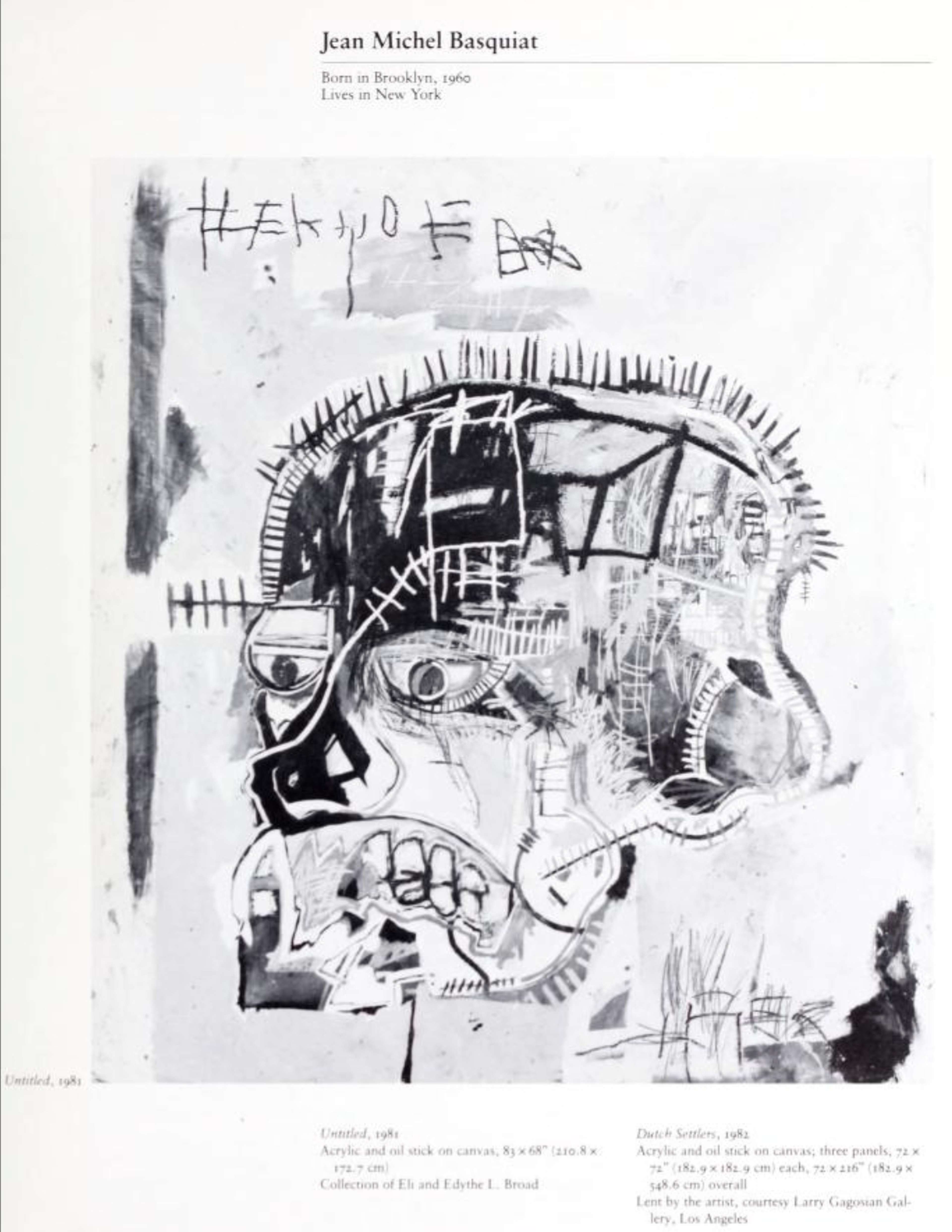 Une image en noir et blanc de la page consacrée à Basquiat dans le catalogue de la Whitney Biennial de 1983. Elle présente l'un de ses crânes, « Untitled » (1981).