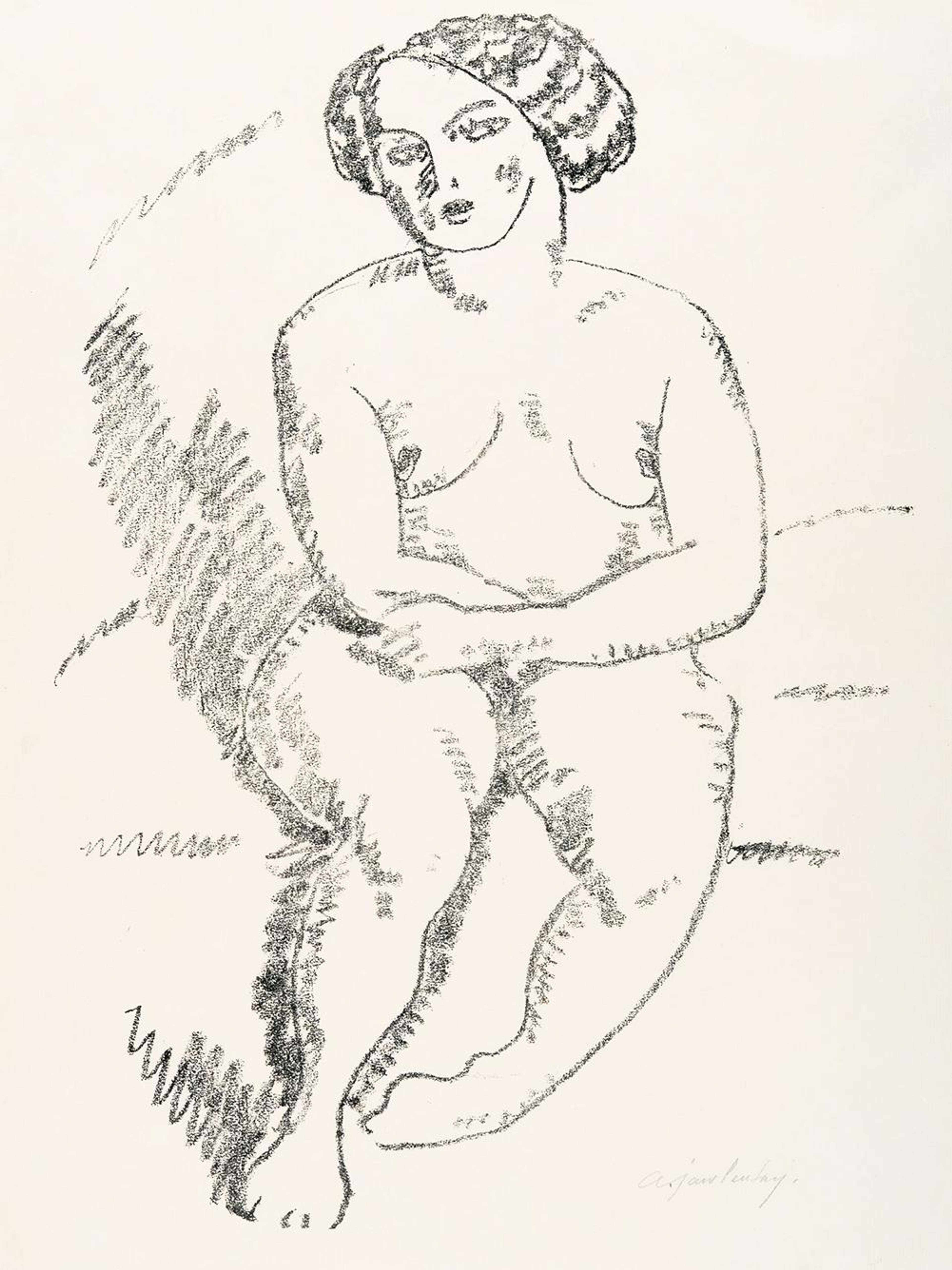 Comme le titre de l'œuvre l'indique, cette estampe représente une femme nue assise sur une surface moelleuse. Elle est esquissée au crayon avec des traits doux et ombrée par un hachurage grossier. Ses yeux et ses traits sont stylisés, avec seulement un contour simple et des cils caricaturaux.