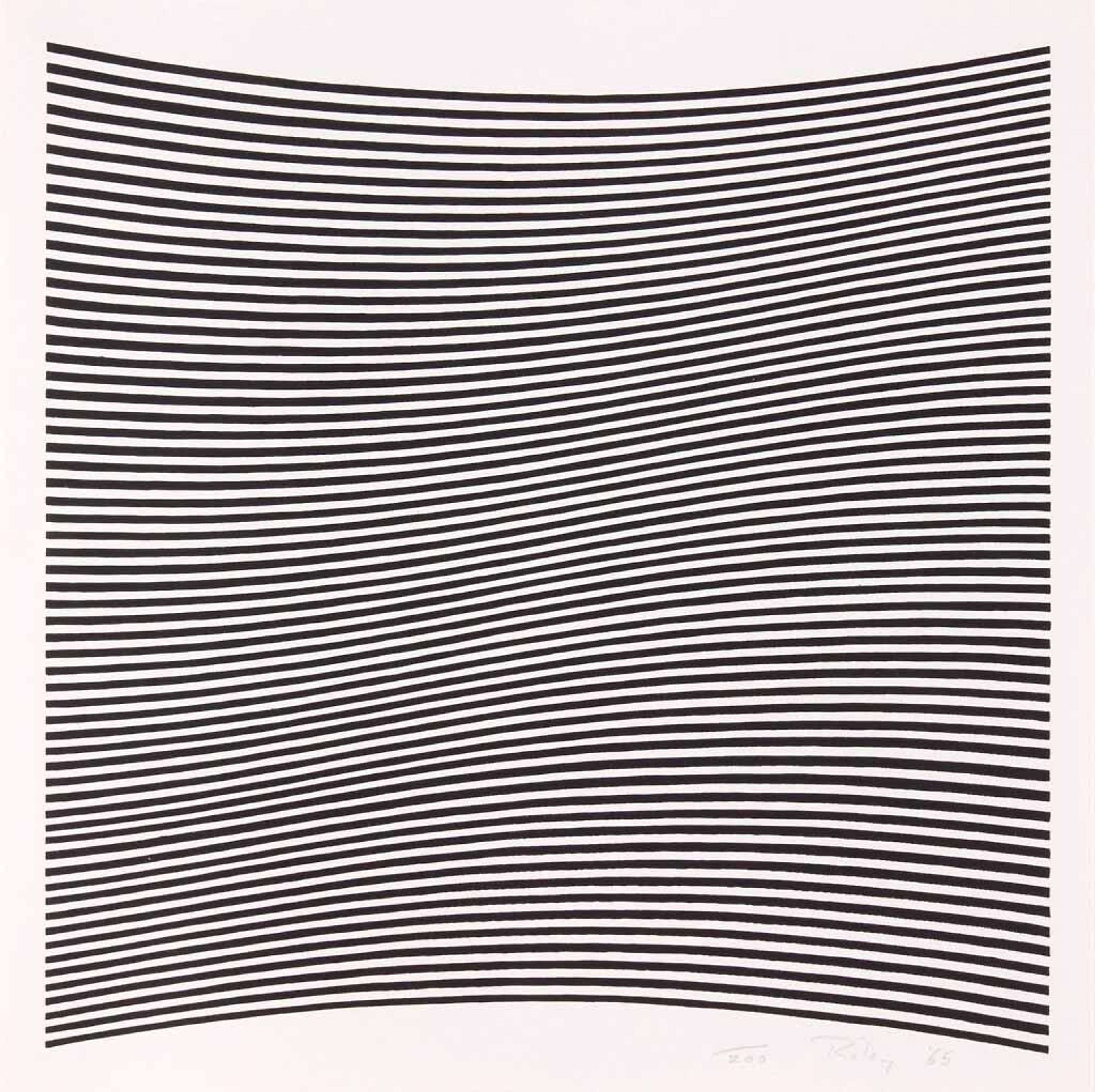 Une sérigraphie de Bridget Riley, intitulée « La Lune En Rodage », représentant des lignes horizontales noires ondulantes sur fond blanc, signée.

Score: 10