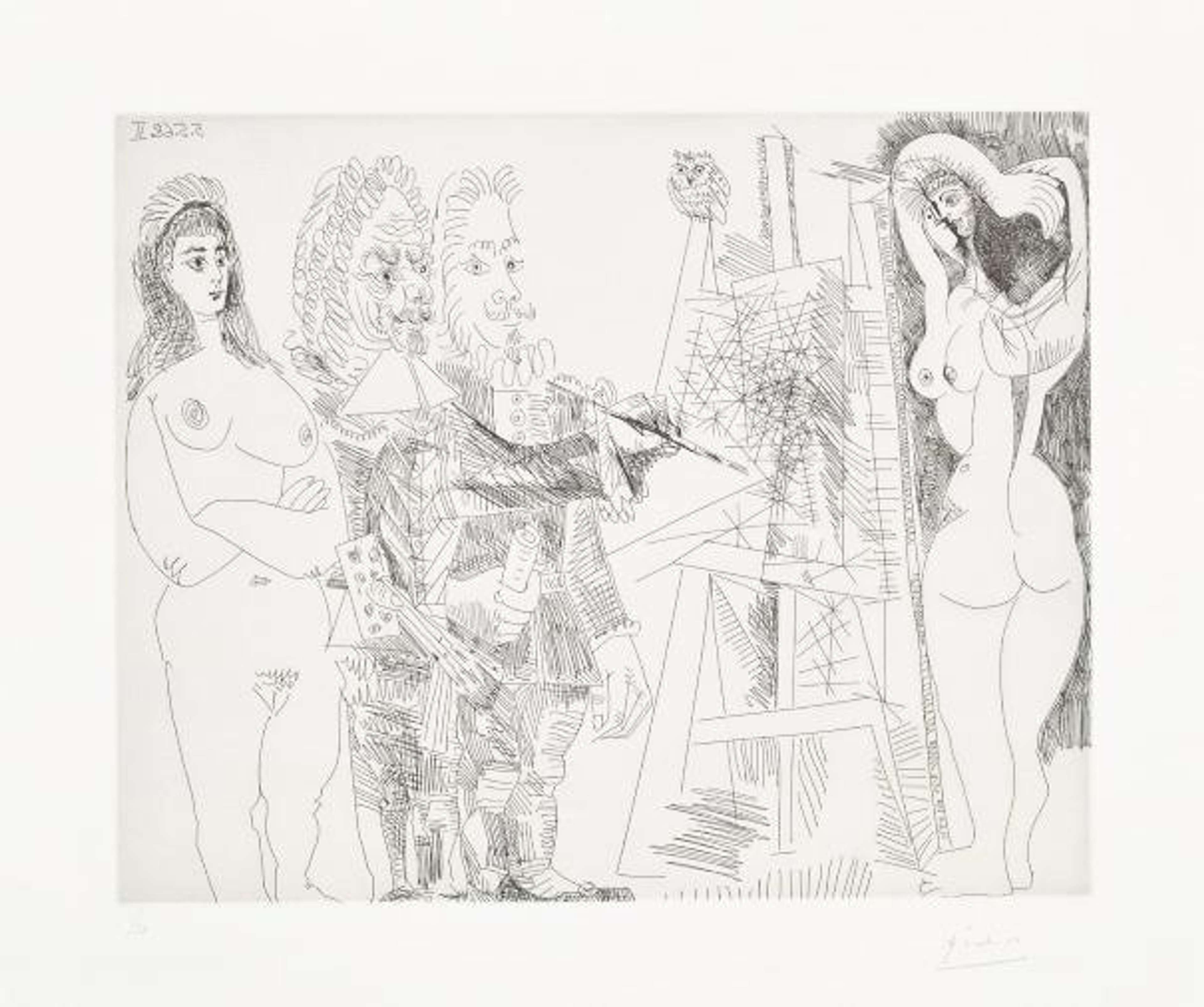 Cette estampe de Picasso représente un Atelier d'artiste, avec un hibou, un modèle et un envoyé officiel
