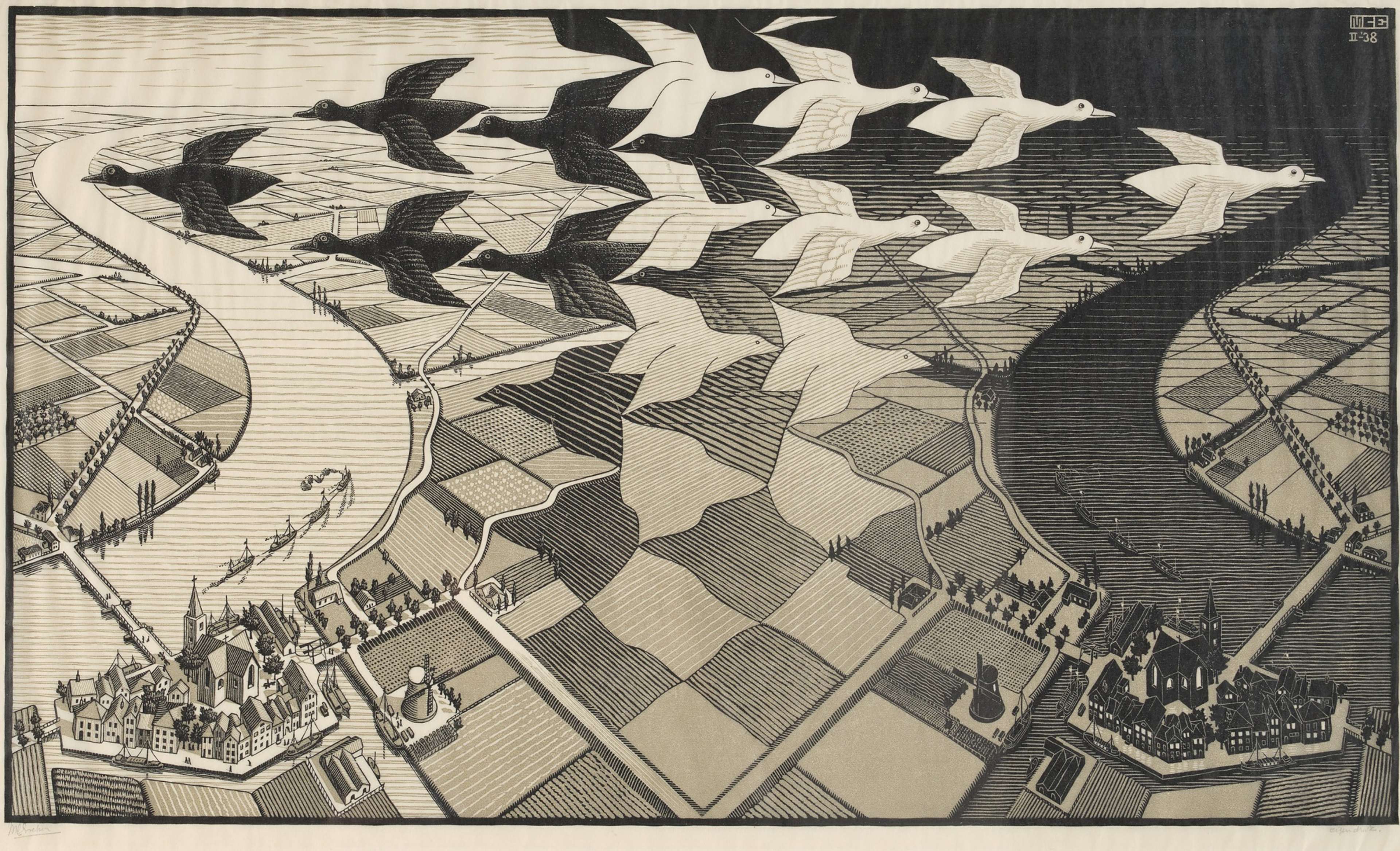 Deux représentations inversées de la même ville illustrée, vues du ciel. À droite, la ville est plongée dans l'obscurité ; à gauche, elle est baignée par la lumière du jour. Entre les deux villes se trouvent des rangées de champs carrés qui se transforment en un motif de pavage composé d'oiseaux en vol. Les oiseaux noirs volent de droite à gauche, et les oiseaux blancs de gauche à droite, devenant plus réalistes à mesure qu'ils progressent.