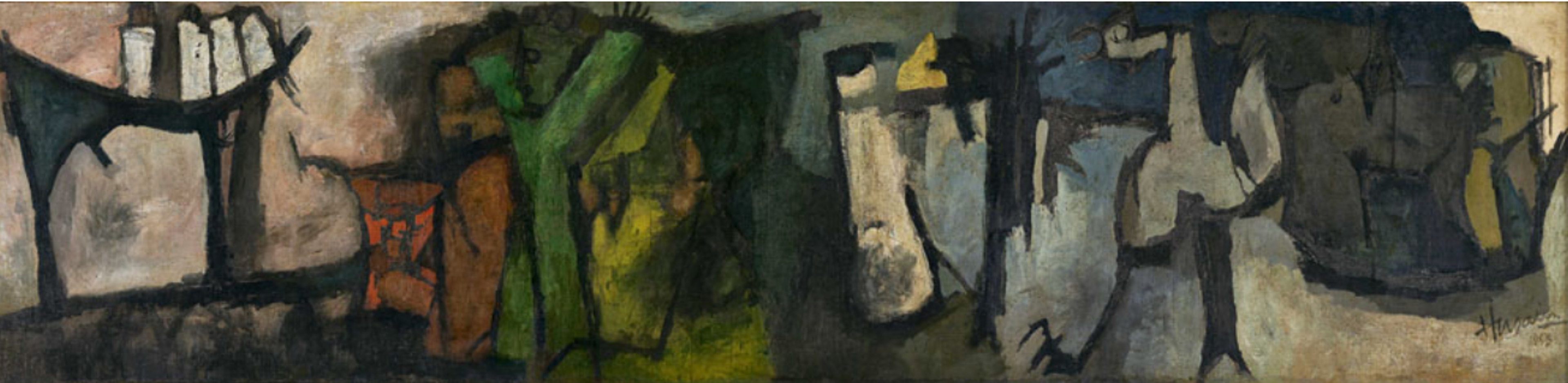 A dynamic horizontal composition featuring heavily abstracted human figures rendered in a fragmented, cubist-inspired style. The figures appear to be interconnected, blending with one another, with only some defining features, such as outstretched fingers, visible in bold black outlines. They are depicted using soft colours, transitioning through greys and blues and yellows and greens. 