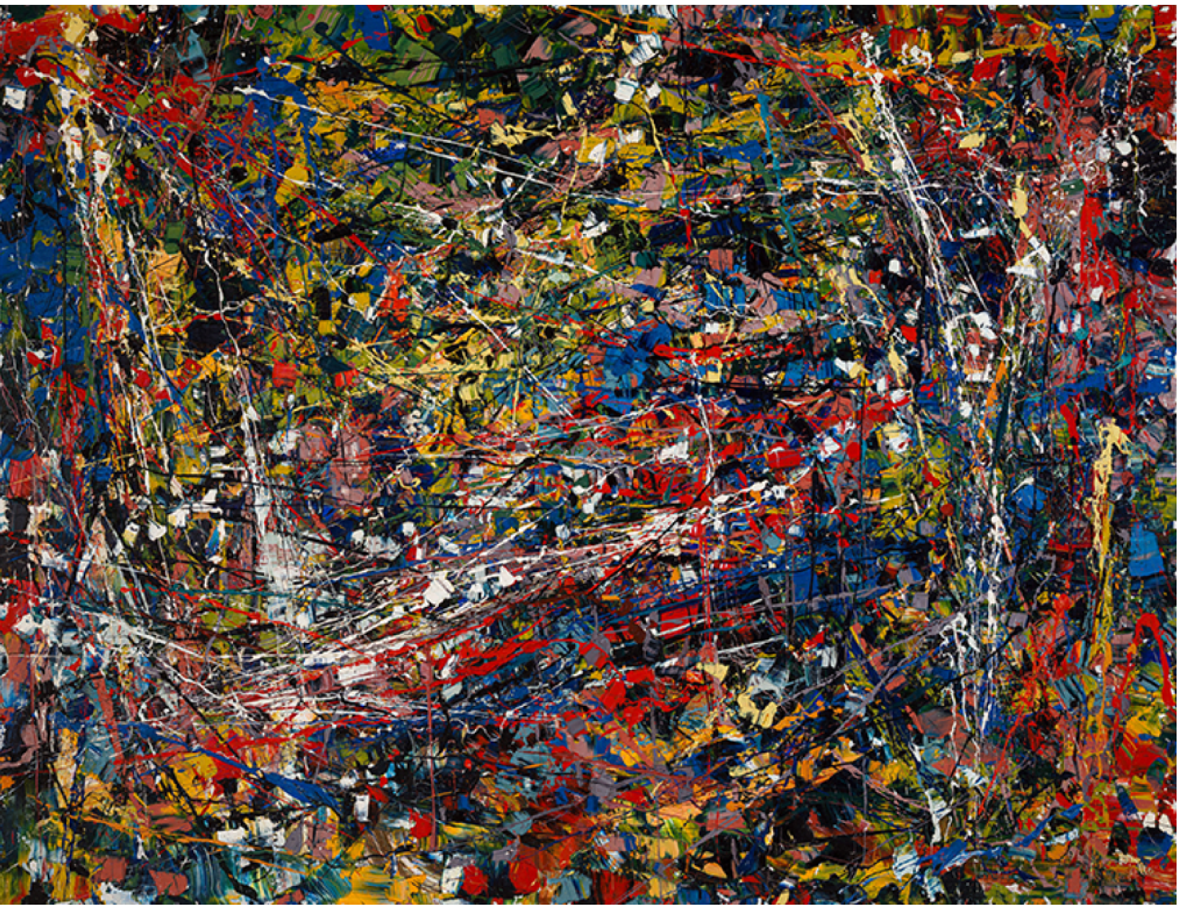 A vibrant abstract painting of multicoloured segments - blues, reds, yellows, greens - against darker elements. Both dripped elements and controlled palette knife applications appear. Spiraling white lines create movement, with colours radiating outward.