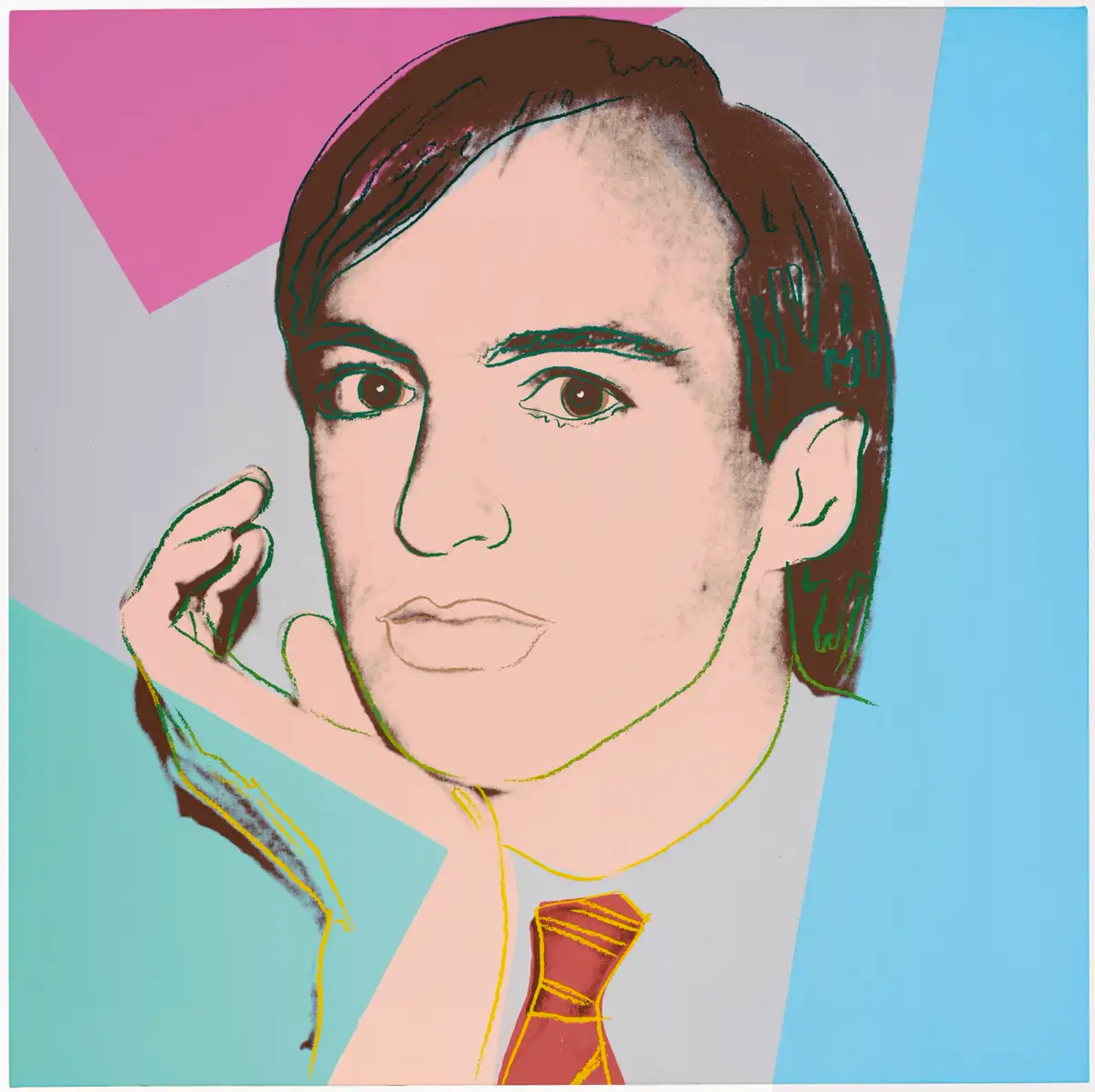 Portrait façon Pop Art de l'exécutif Jon Gould, réalisé par Andy Warhol. Il y est représenté dans des couleurs vives, la main sur le visage, portant une cravate.