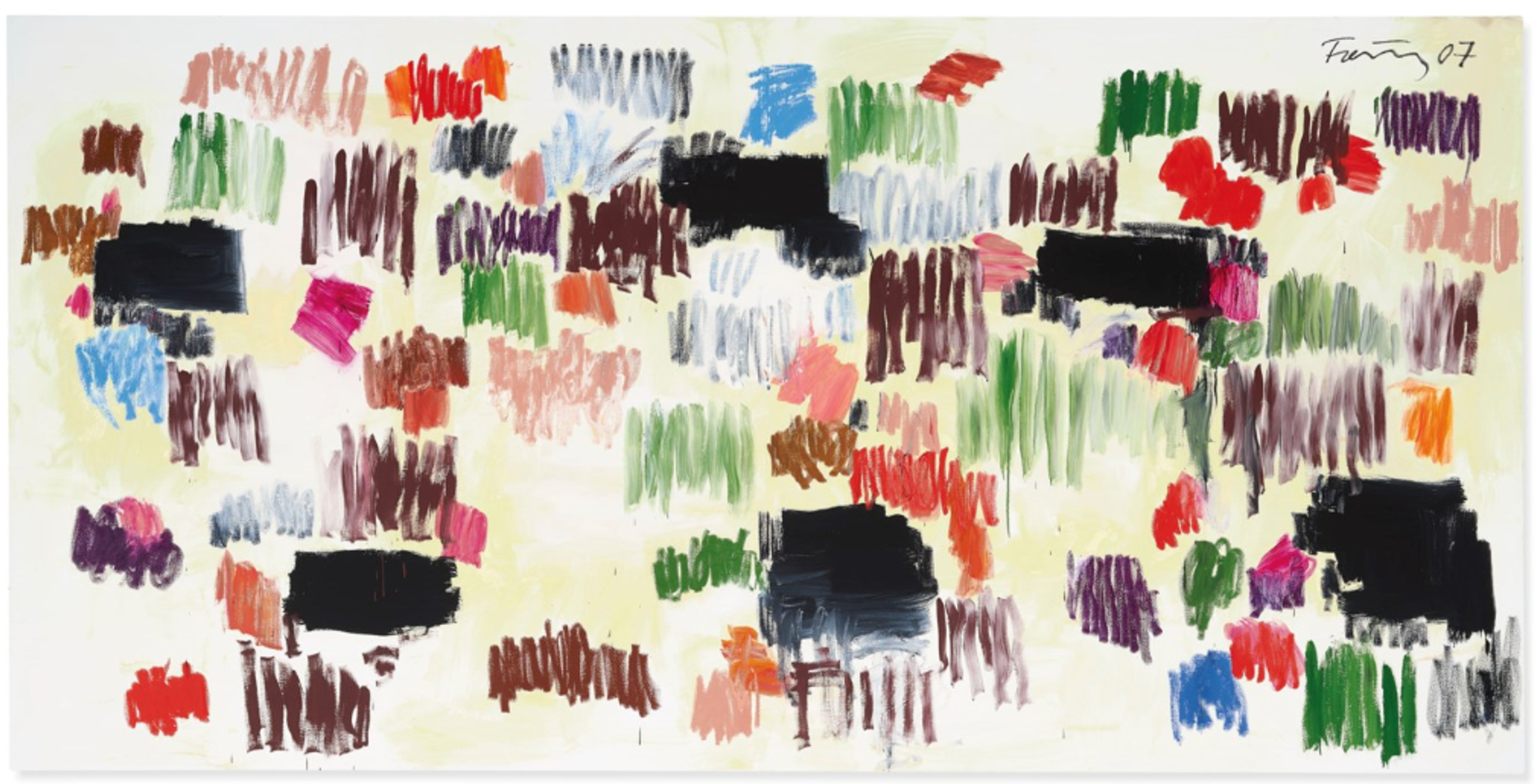 A large-scale oil and acrylic on canvas featuring colourful brushstrokes distributed across a white background. This horizontally-oriented work contains a vivid array of colours organised in a loosely grid-like pattern, with black, green, red, and blue marks creating visual rhythm through their placement and relationship to the negative space.