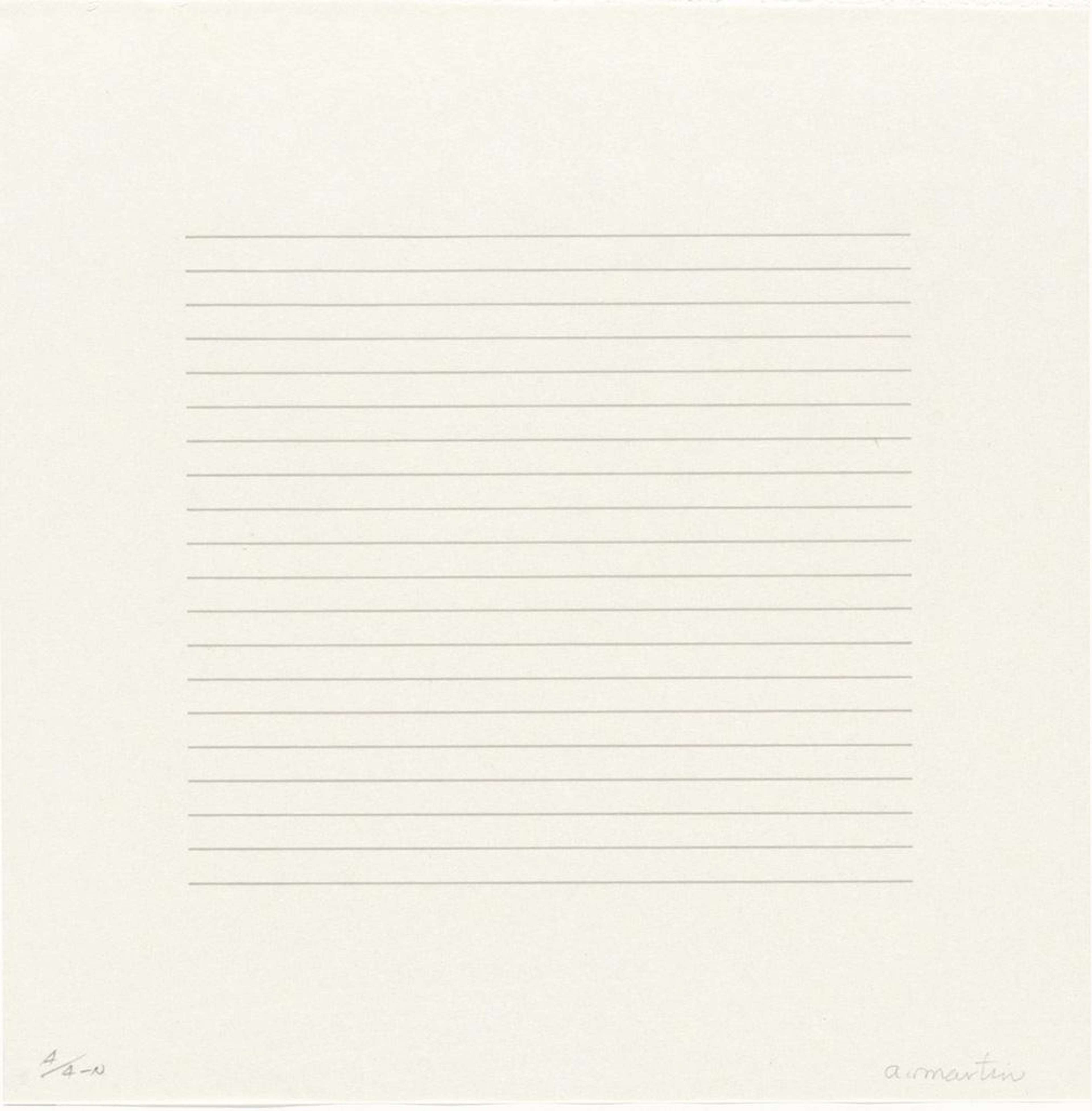 Une estampe carrée sur fond blanc cassé, présentant des lignes horizontales gris-bleu avec un espacement moyen.