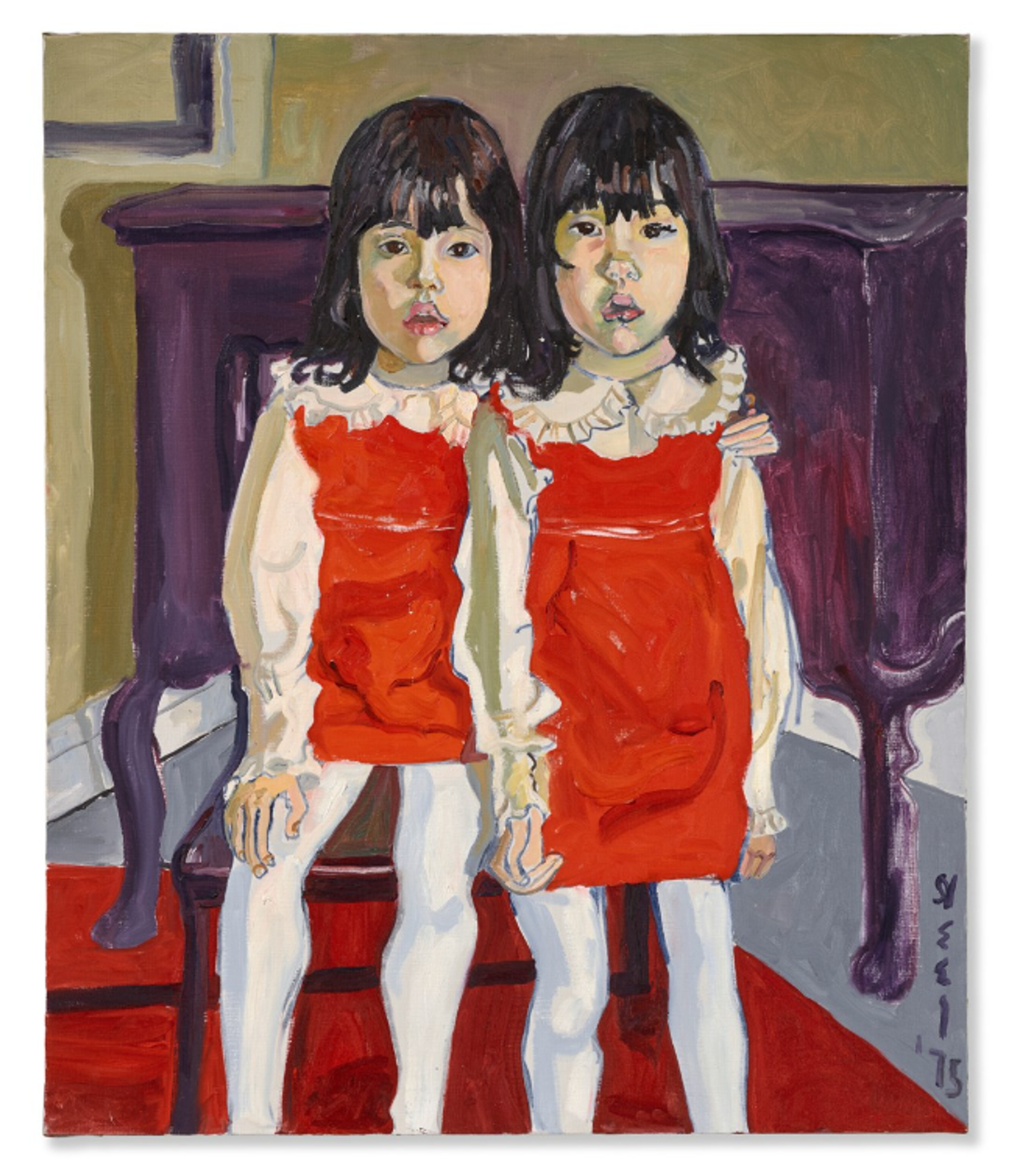 A portrait painting of two young girls with black hair wearing matching red dresses with white collars, standing against a purple background. The twin on the left appears to be seated, with her arm around her sister in a comforting way.