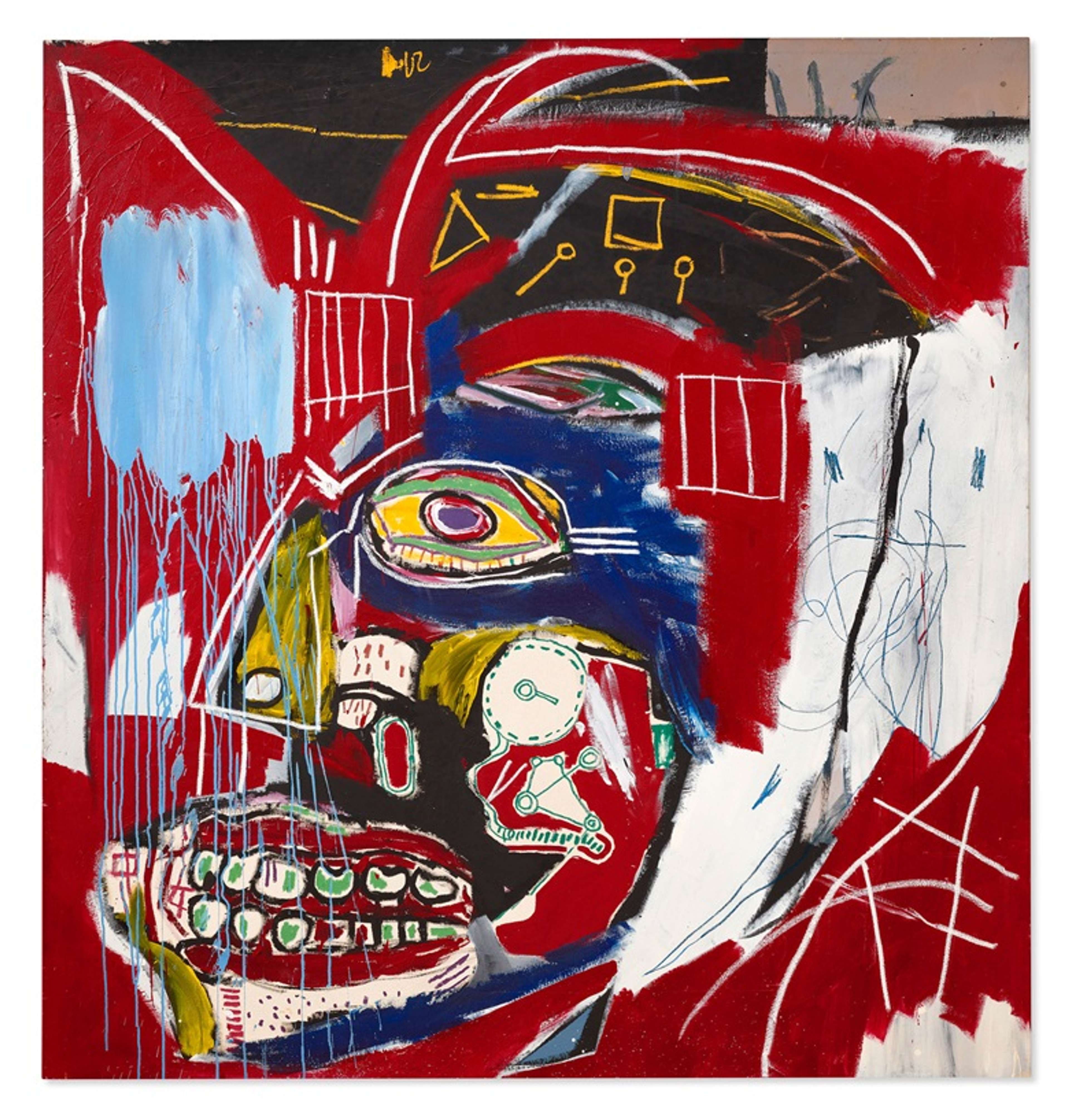« In This Case » de Jean-Michel Basquiat. Une œuvre de style néo-expressionniste représentant une tête sur fond rouge, ornée de symboles supplémentaires.