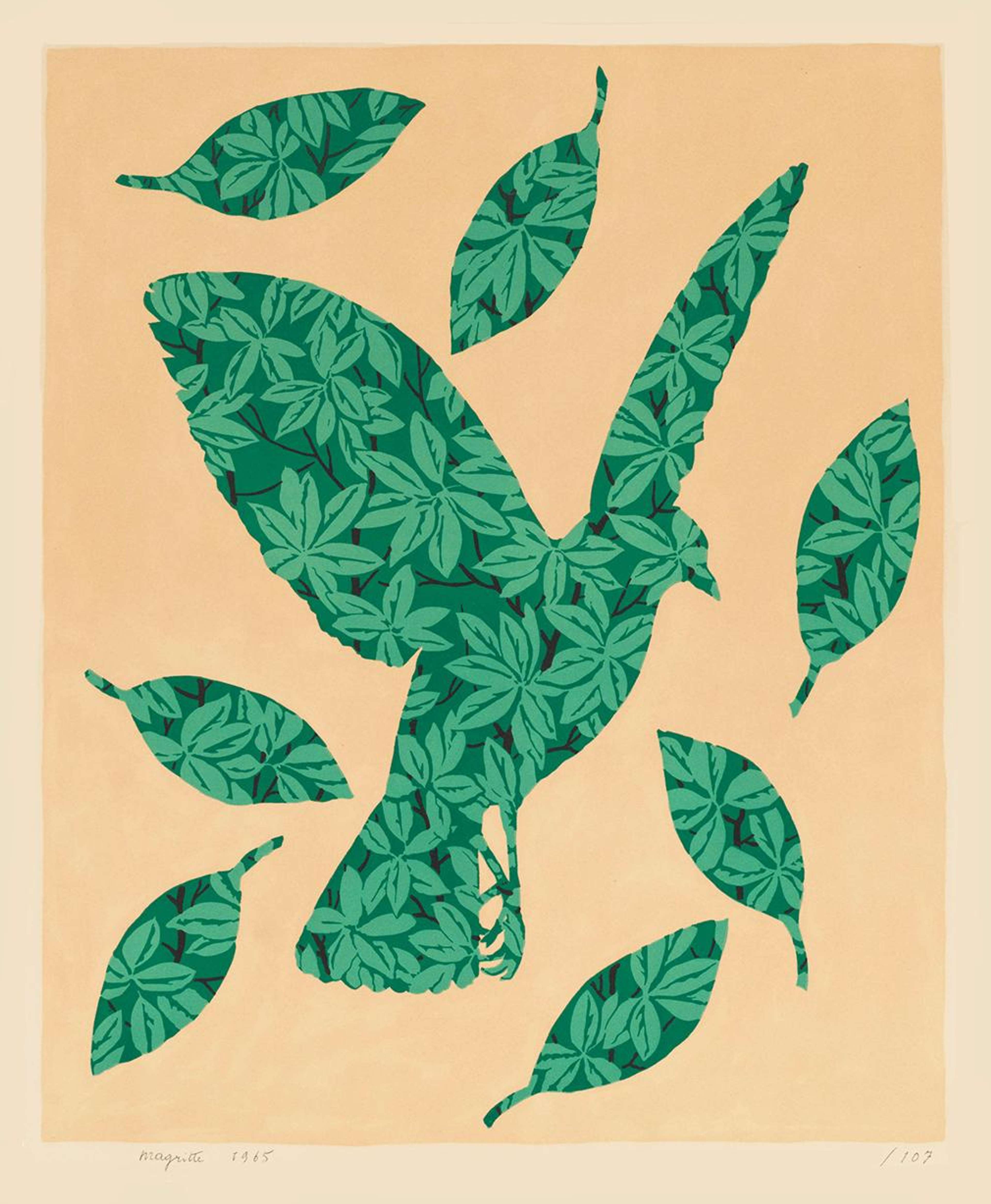 L'estampe présente un fond orange pâle. Au centre se trouve le contour d'une colombe en vol, entourée des contours de sept feuilles qui tombent. À l'intérieur de chacun de ces contours se trouve le même motif plat, composé de feuilles et de branches vertes, comme si les contours avaient été découpés (Cut Out) pour révéler ce fond derrière eux.
