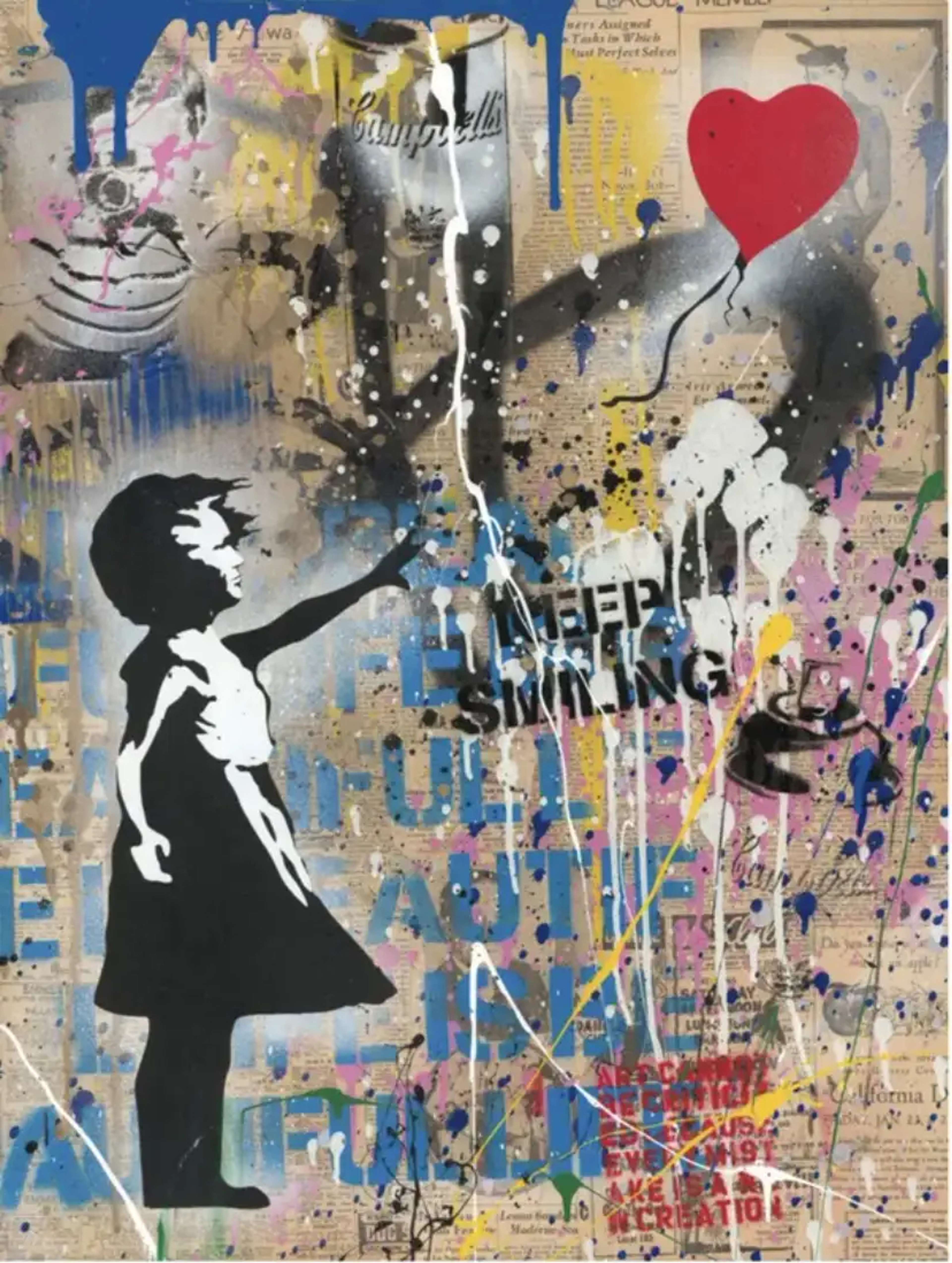 Une œuvre pochoir de Mr Brainwash reprenant une image de l'artiste de rue Banksy. L'œuvre représente une jeune fille en robe lâchant un ballon rouge en forme de cœur. Le pochoir est exposé sur une toile vibrante couverte de graffitis, aux côtés d'autres œuvres pochoirs.