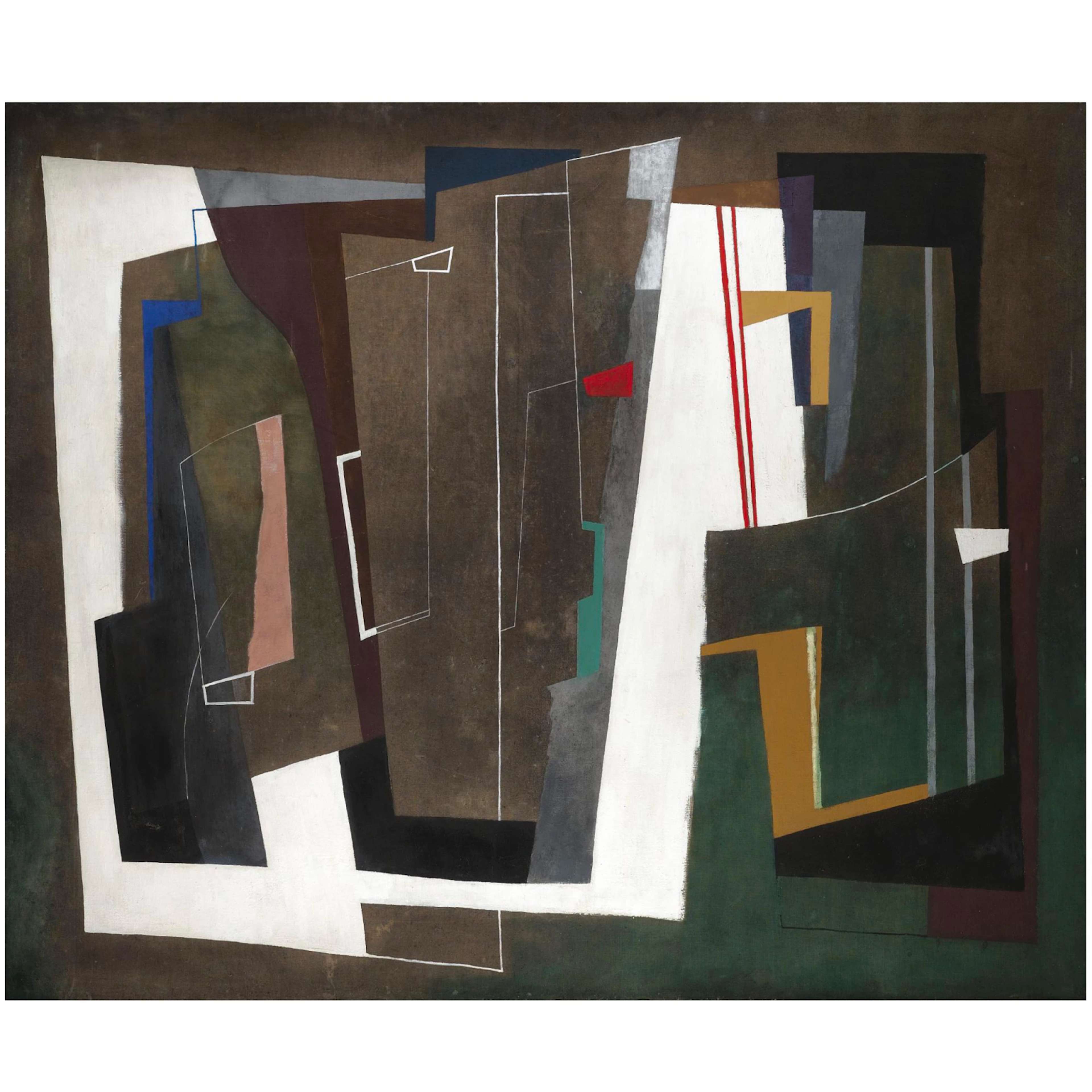 An abstract canvas with vertical lines intersecting at various geometric points in different hues.
