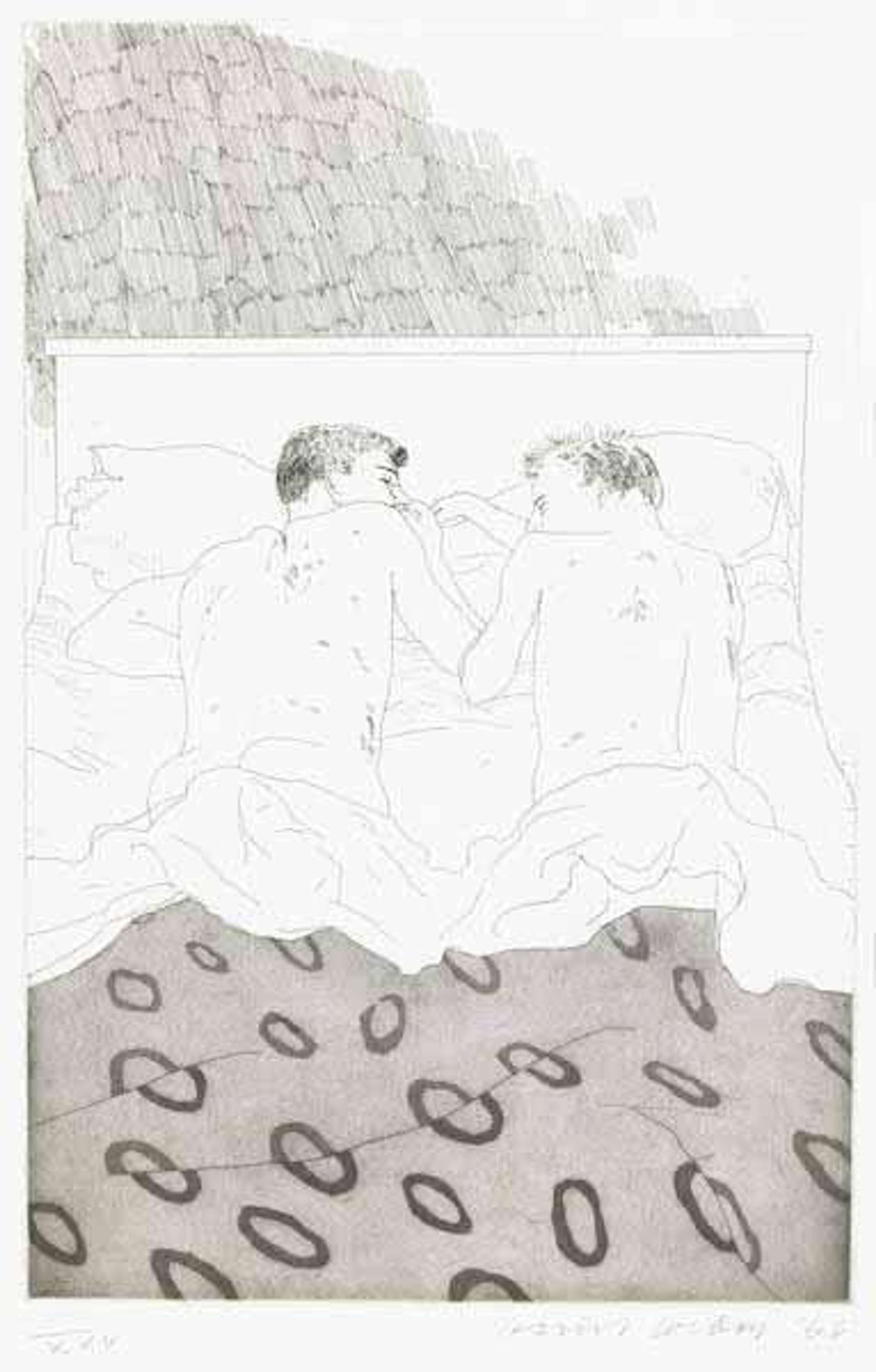 « Two Boys Aged 23 Or 24 » de David Hockney. Une estampe en taille-douce représentant deux hommes allongés sur le ventre, nus, dans un lit ensemble.