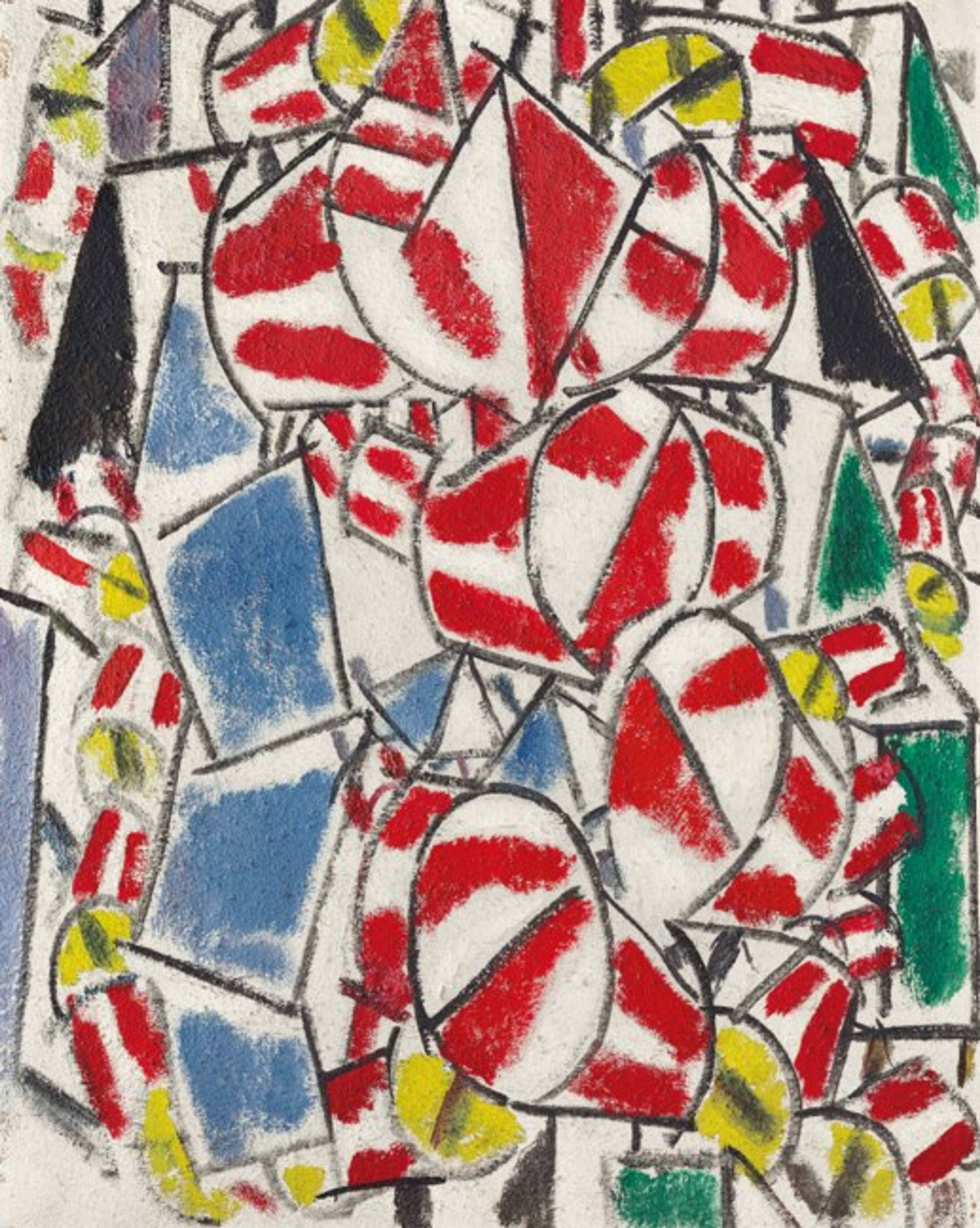 A Cubist painting with a rhythmic arrangement of roughly-coloured angular shapes in red, blue, yellow, and white. The red shapes are mostly in the foreground. Some shapes interlock, while others overlap. The focus appears to be on contrasting colour with the white background, and contrasting curves with straight lines.