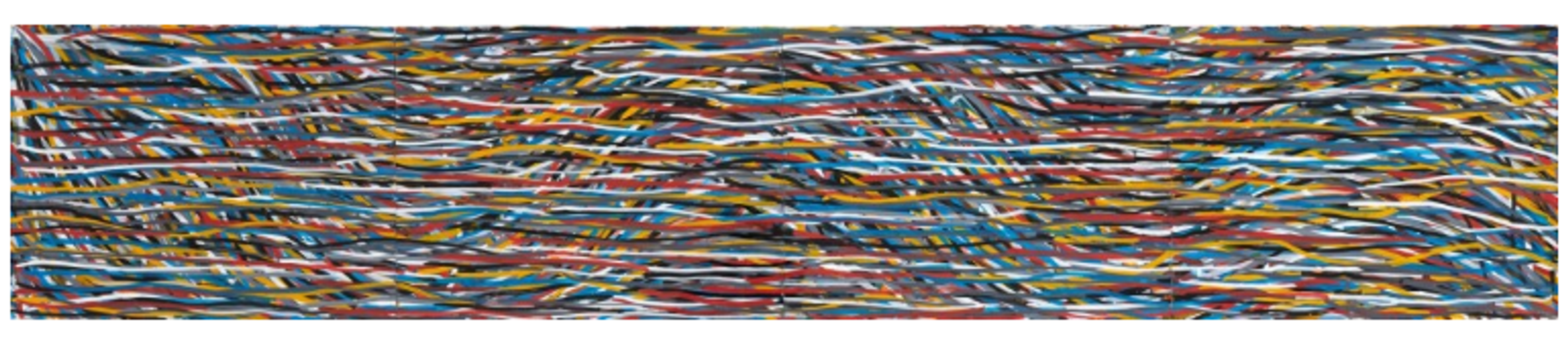 An artwork filled with overlapping colourful brushstrokes, many of which are curved in waved originating at the top left corner. Straighter, but still irregular, lines intermingle with the waves horizontally. The colours used are yellow, red, blue, black, and white.