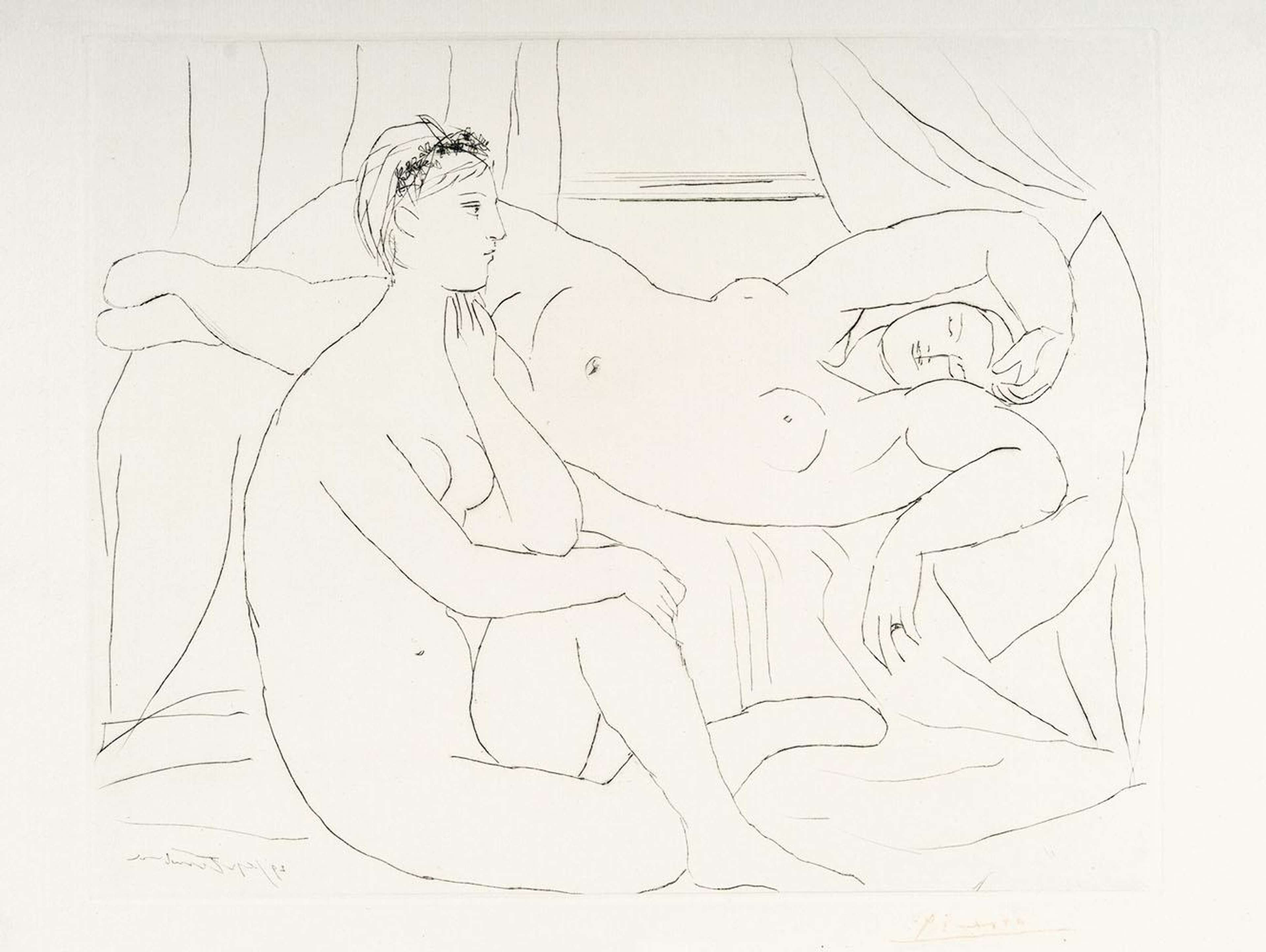 Une image de l'estampe monochrome « Deux Femmes Se Reposant » de Pablo Picasso, représentant deux femmes nues se reposant sur un lit.