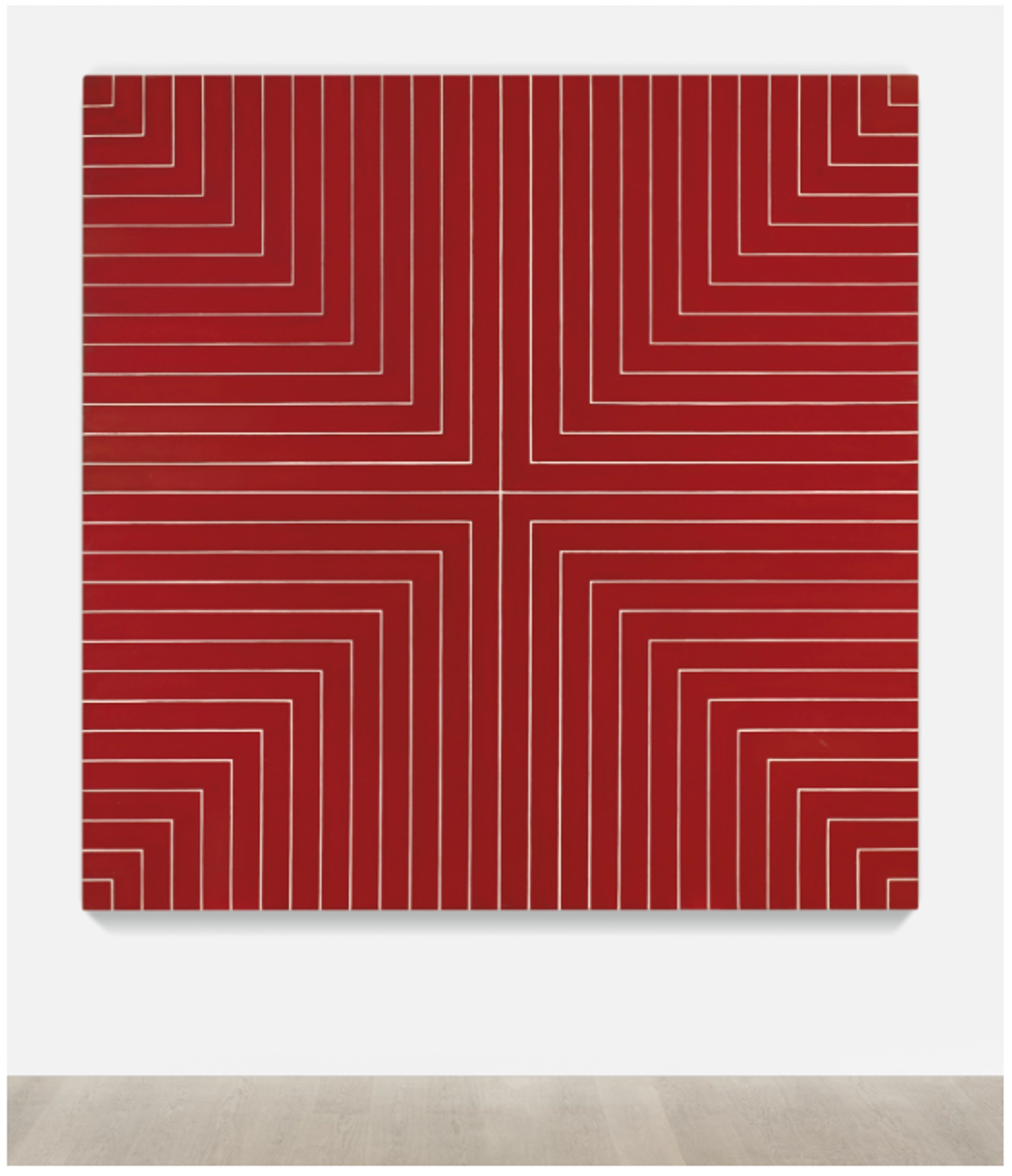 A deep red square painting with concentric geometric lines forming 90-degree angles that converge toward the centre, creating a dynamic cross shape.