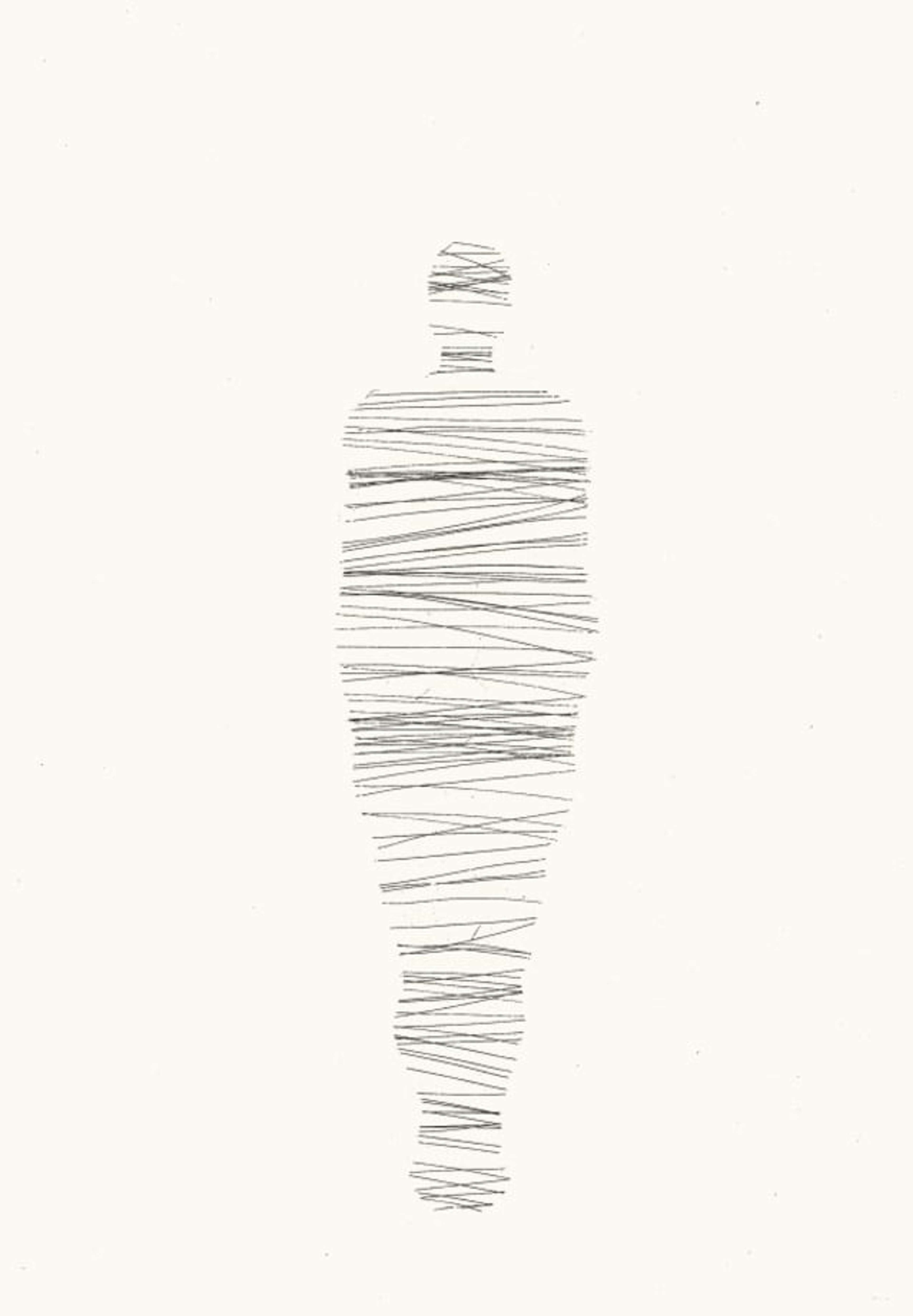 Une image de l'estampe « Bind » d'Antony Gormley : une silhouette humaine dessinée en lignes noires droites sur un fond blanc. L'œuvre fait partie de la collection Black White Black.