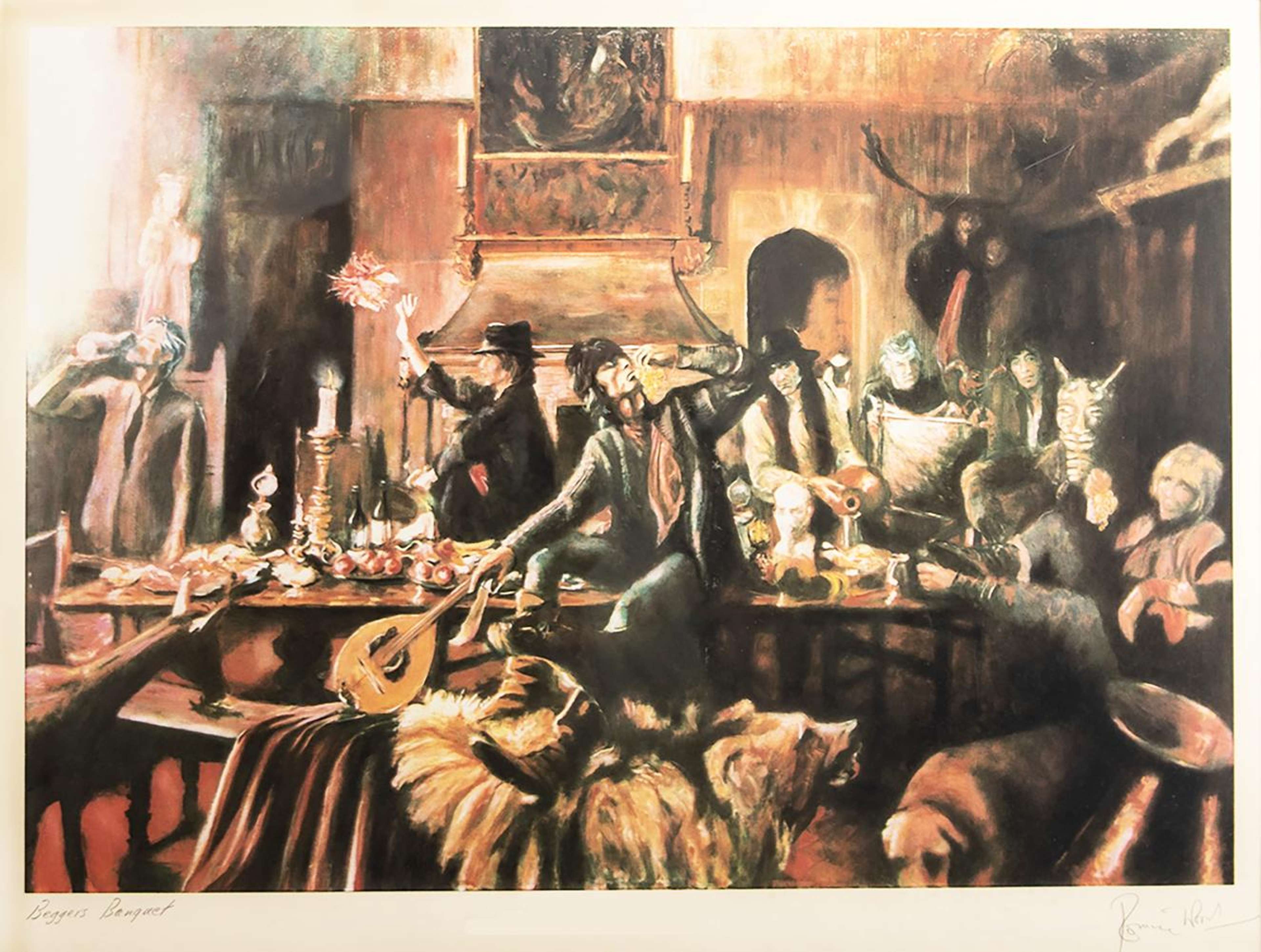Une représentation du groupe The Rolling Stones dans une salle de banquet.