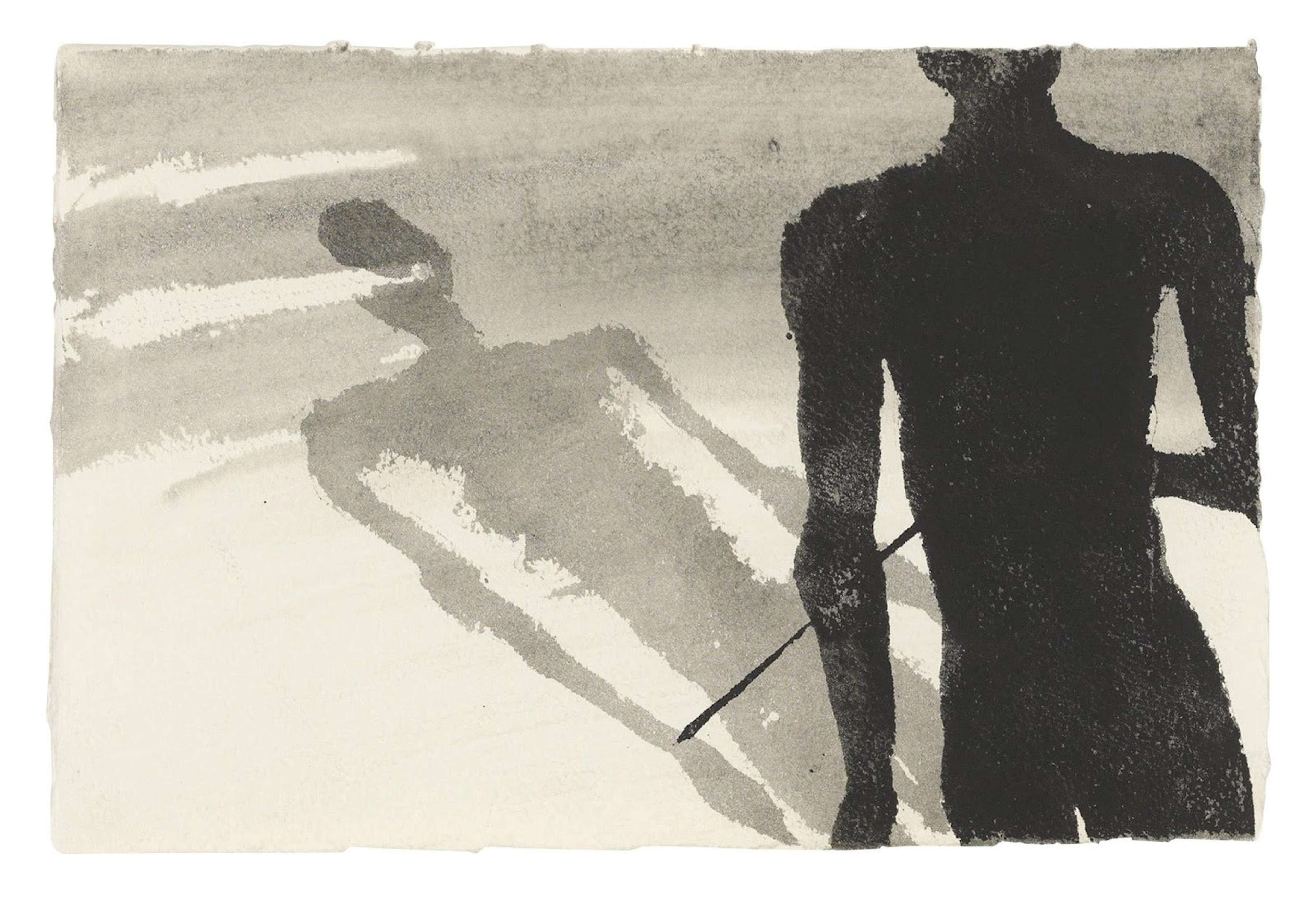 Une estampe d'Antony Gormley, représentant une figure touchant son ombre avec un bâton. Les deux figures apparaissent dans des dégradés de noir et de gris sur fond blanc.
