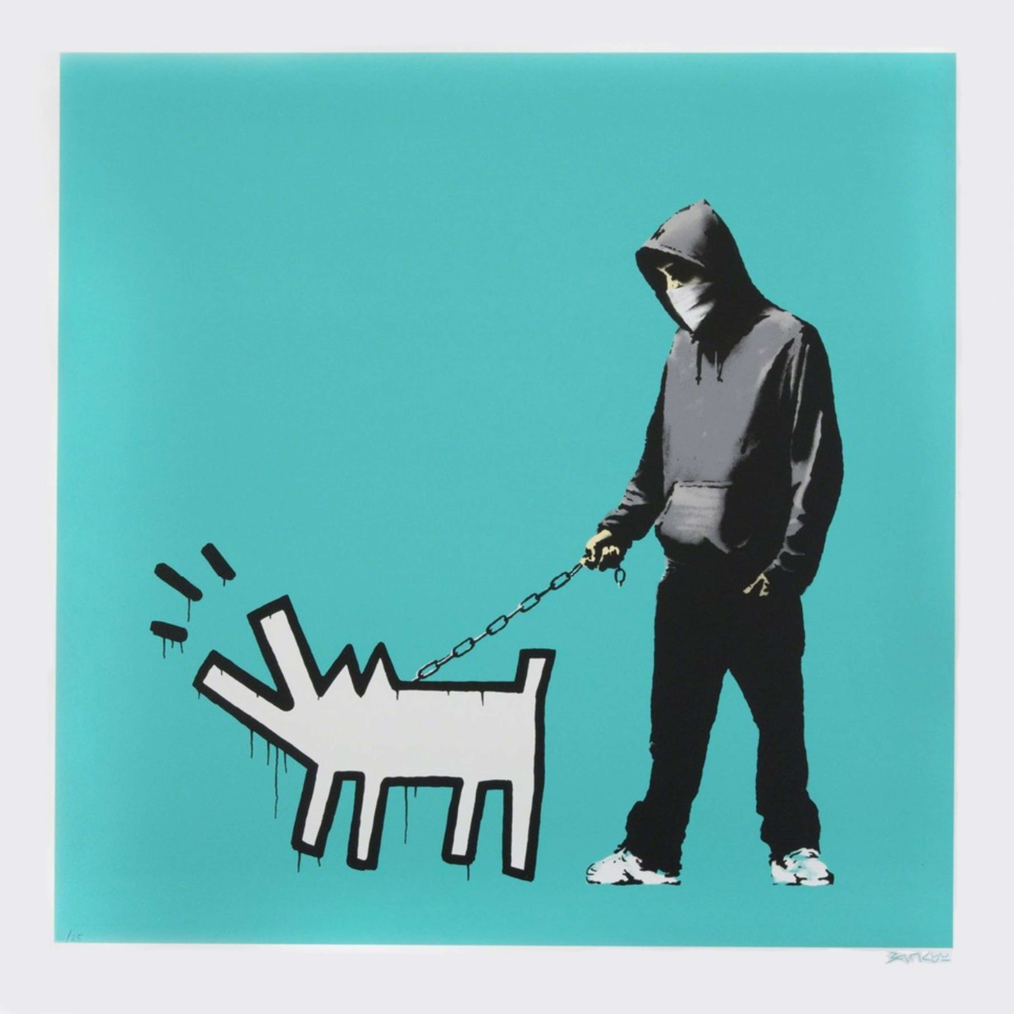 A screenprint by Banksy, titled “Choose Your Weapon – Turquoise (Signed Print)”, depicting a hooded young man in dark clothing walking a barking cartoon‑style dog on a leash against a flat turquoise background, executed in his signature urban stencil style with symbolic social commentary.