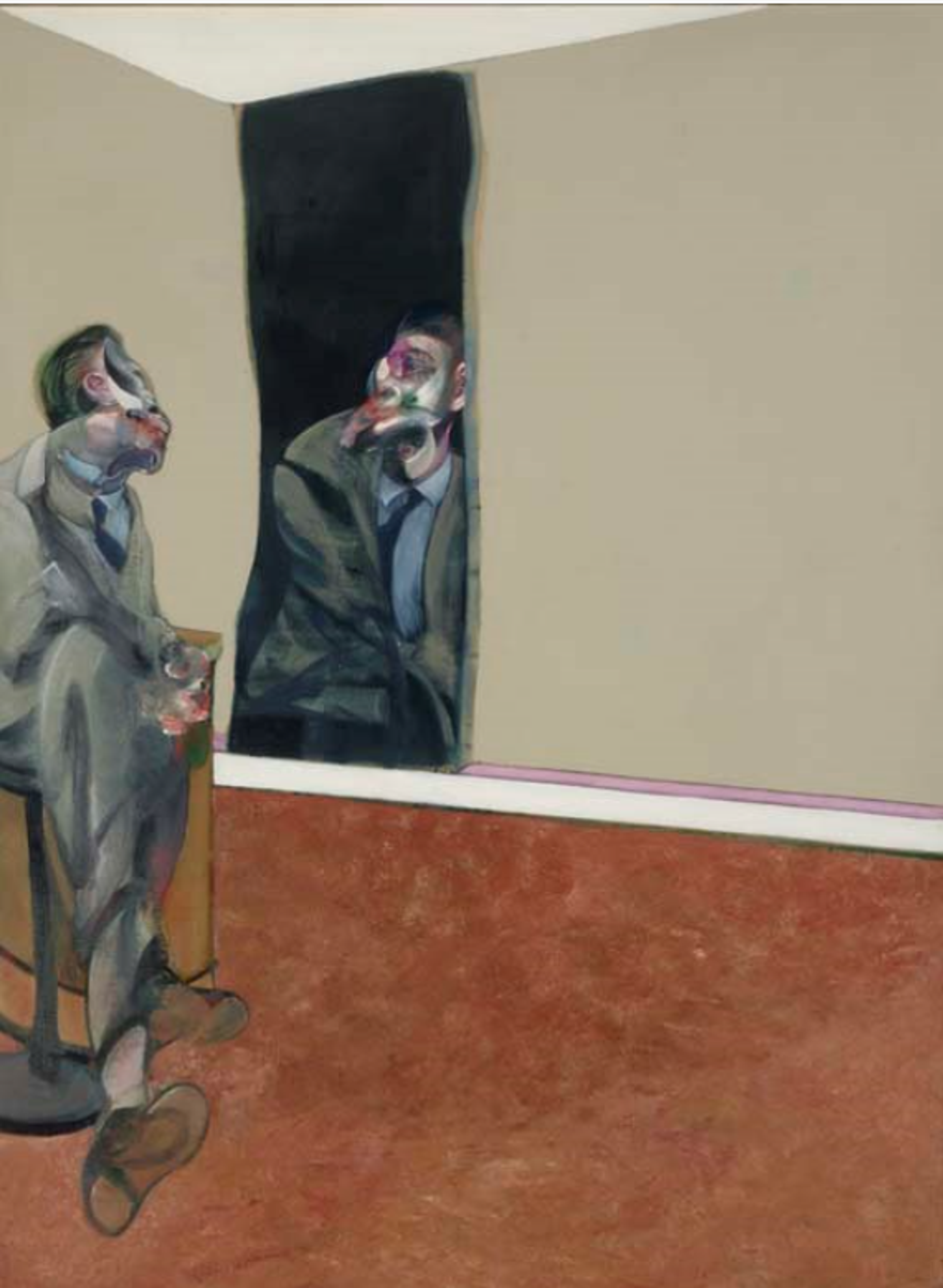 Figure déformée regardant son reflet dans un miroir oblong