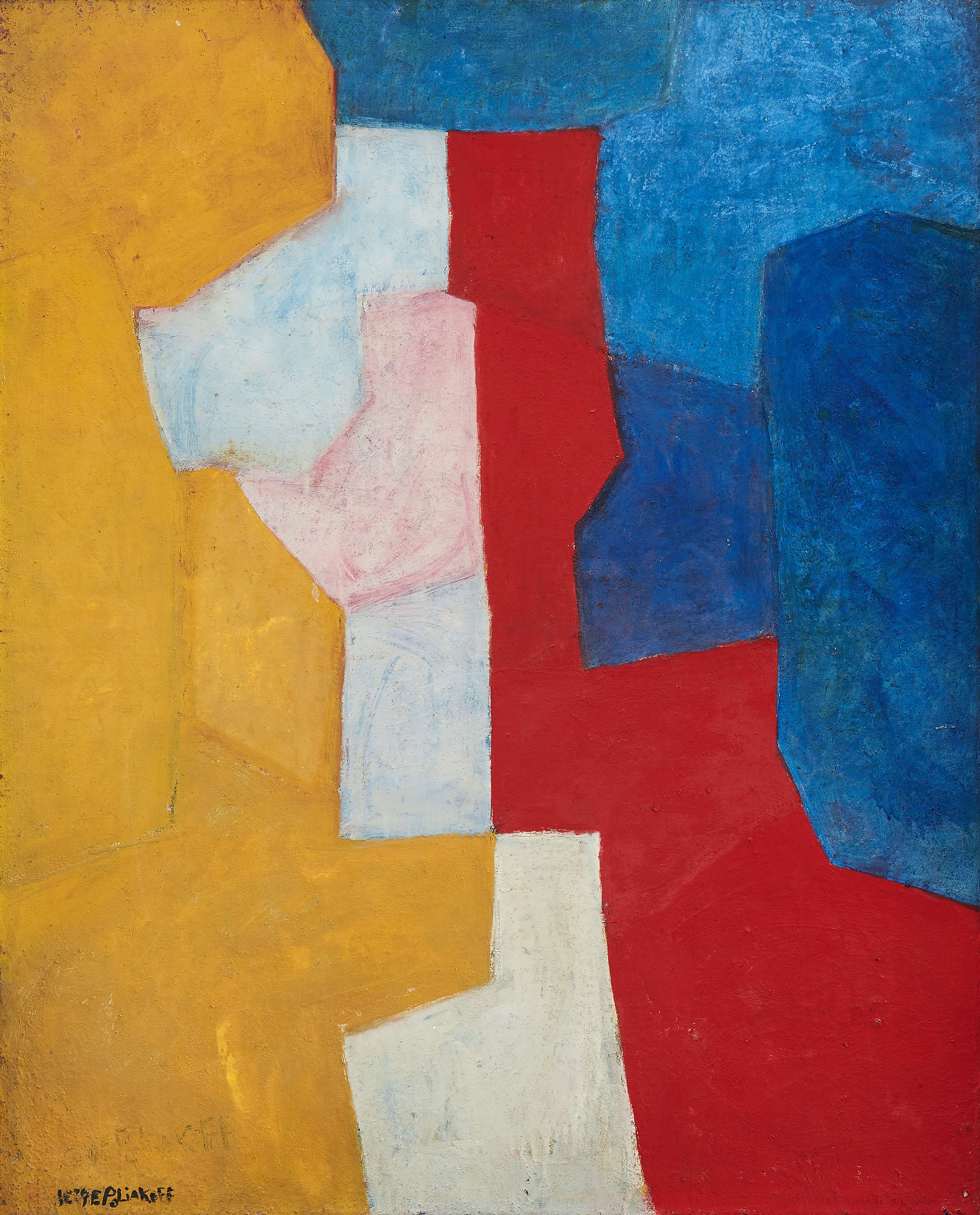 An oil painting featuring interlocking colour fields including shades of warm yellow on the left side, moving to off-white, red, and then blue on the right. 