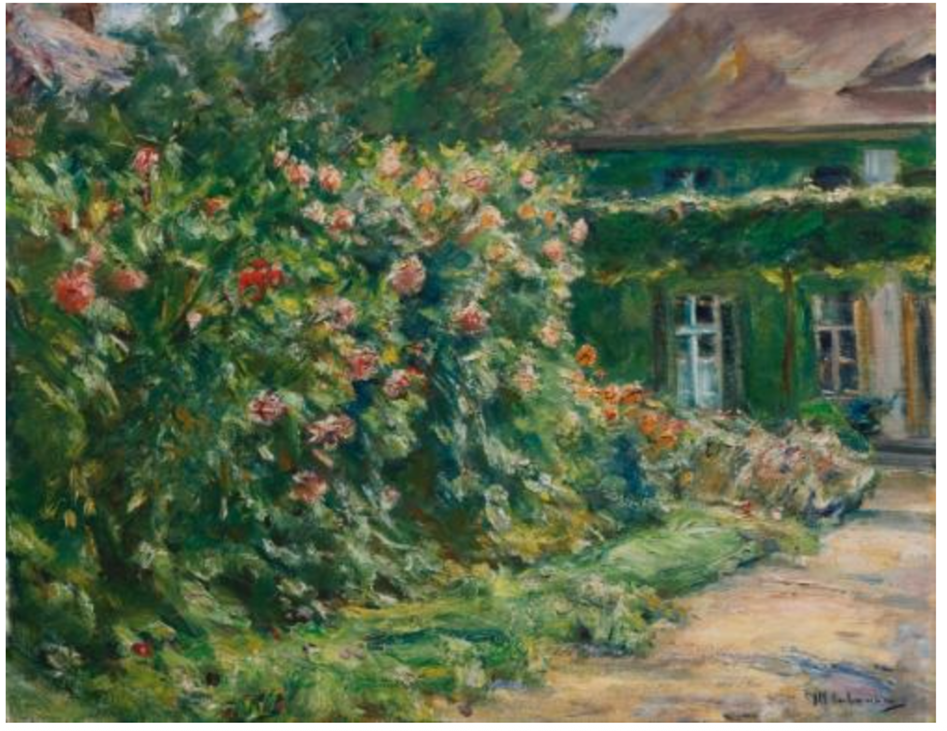 A painting of the front garden of a villa, with trees, flowering bushes, and flowerbeds, captured with dynamic brushwork emphasising the interplay of light and shadow. Climbing plants cover the walls of the villa, with white-framed windows just visible behind the leaves.