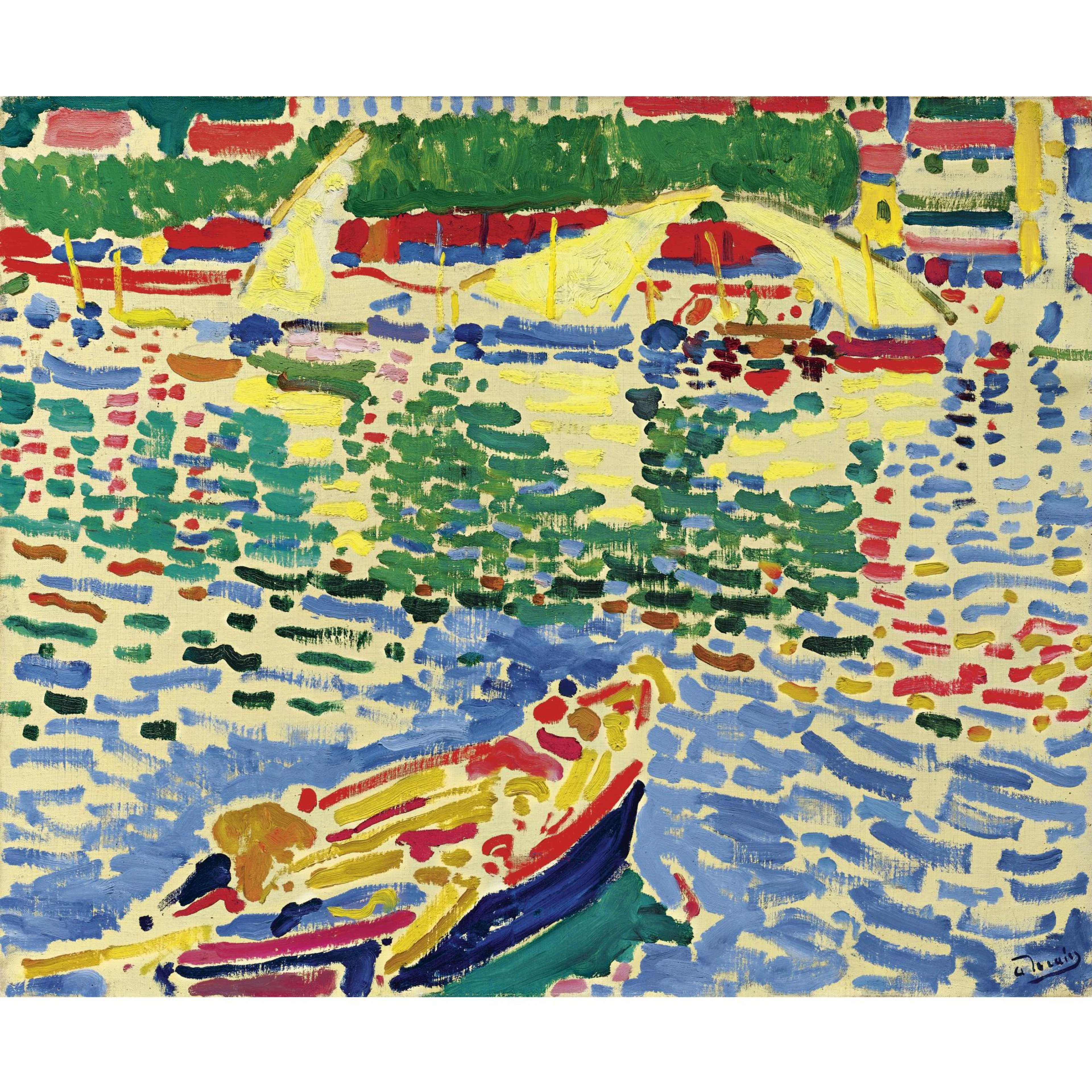 A painting of boats moored in harbour, looking back across the water towards the shore. The boats are typically pink and purple with light yellow sails. The water’s surface is a mosaic of blue and green individual brushstrokes, with exposed canvas between them creating the effect of bright reflected sunlight.