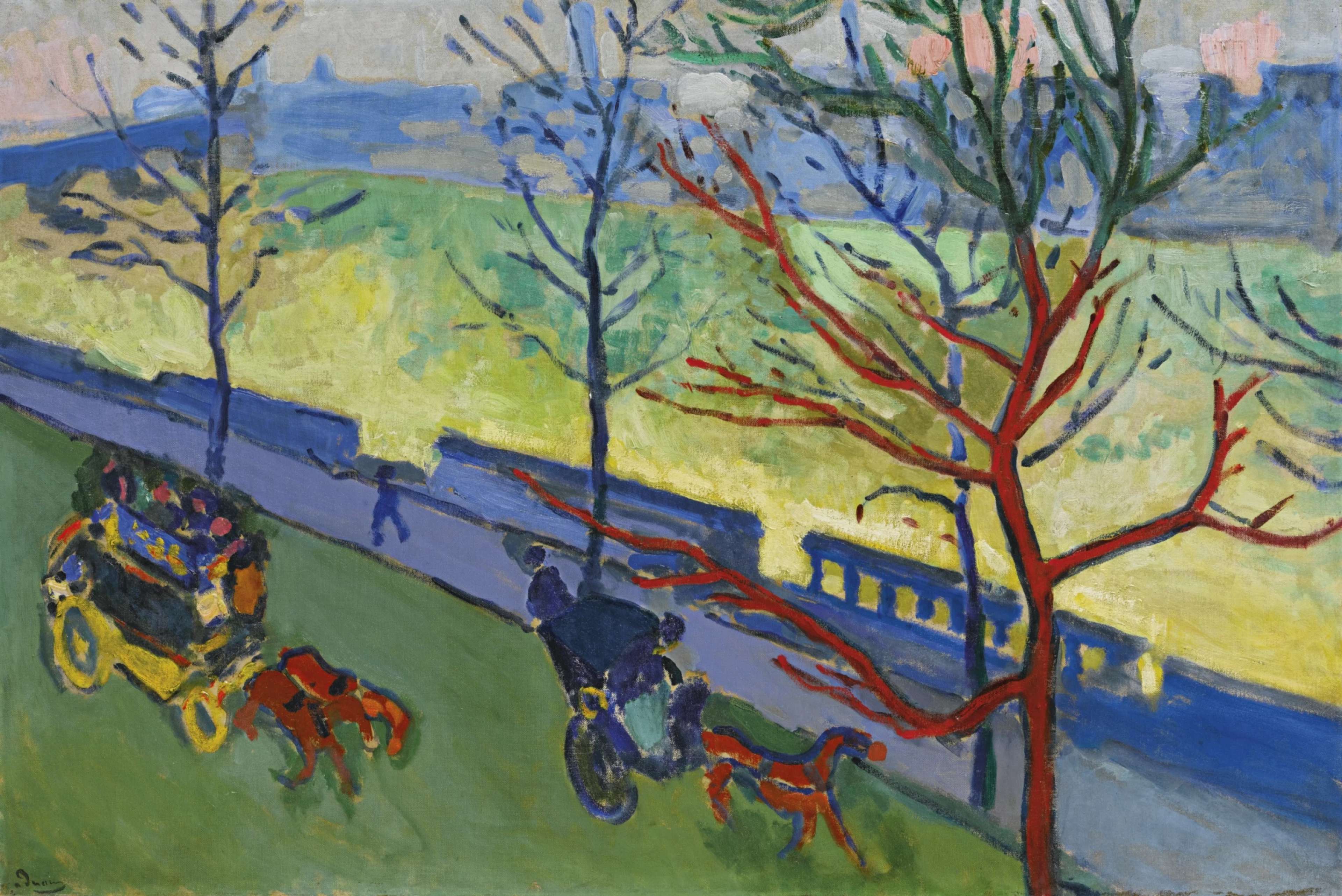 A Thames riverside scene looking out over bright yellow-green water visible through leafless trees. The promenade of the embankment is a deep purple, with a horse-drawn carriage passing on the green grass beside it. The view of the other side of the river is hazy, painted a dusky blue.