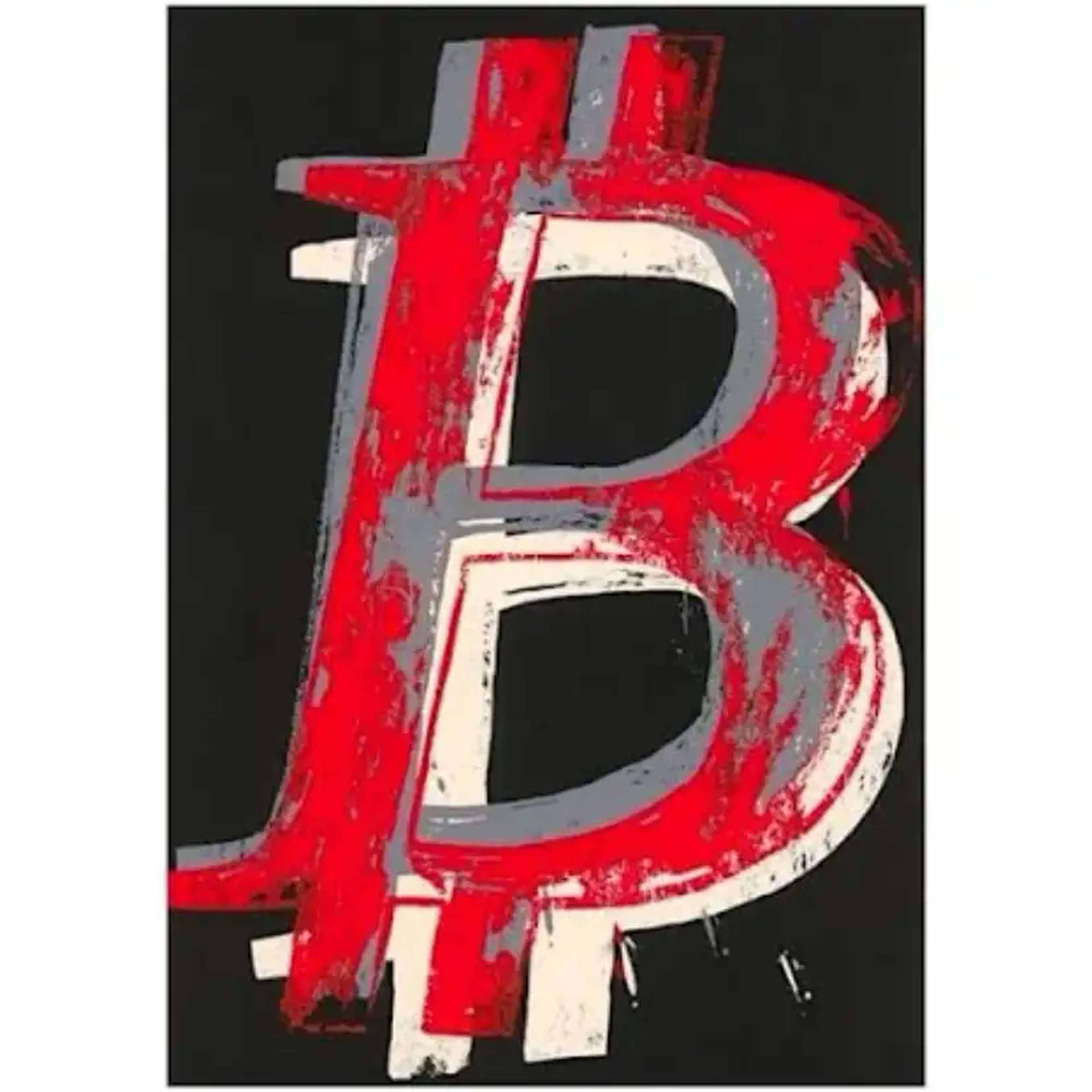 Sérigraphie sur le thème du Bitcoin, représentant un « B » rouge et gris en forme de signe dollar sur fond noir, rappelant l'œuvre emblématique « Dollar Sign » d'Andy Warhol.