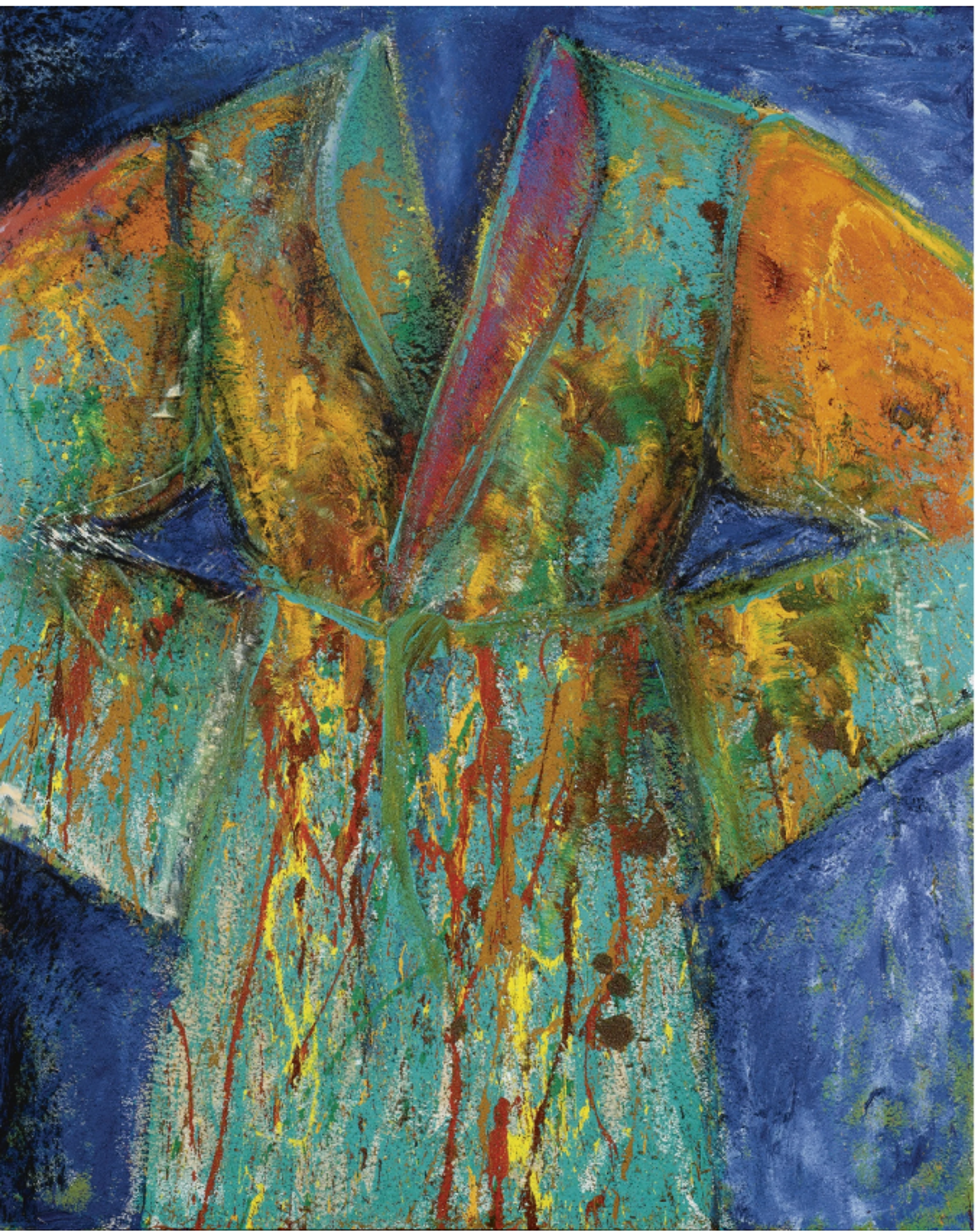 An expressive, slightly abstract depiction of a robe, with belt tied at the front. The sleeves are bent as if the wearer has their hands clasped behind their back. The background is textured blue. The robe itself is turquoise, with ochre and red splatters and drips of paint.