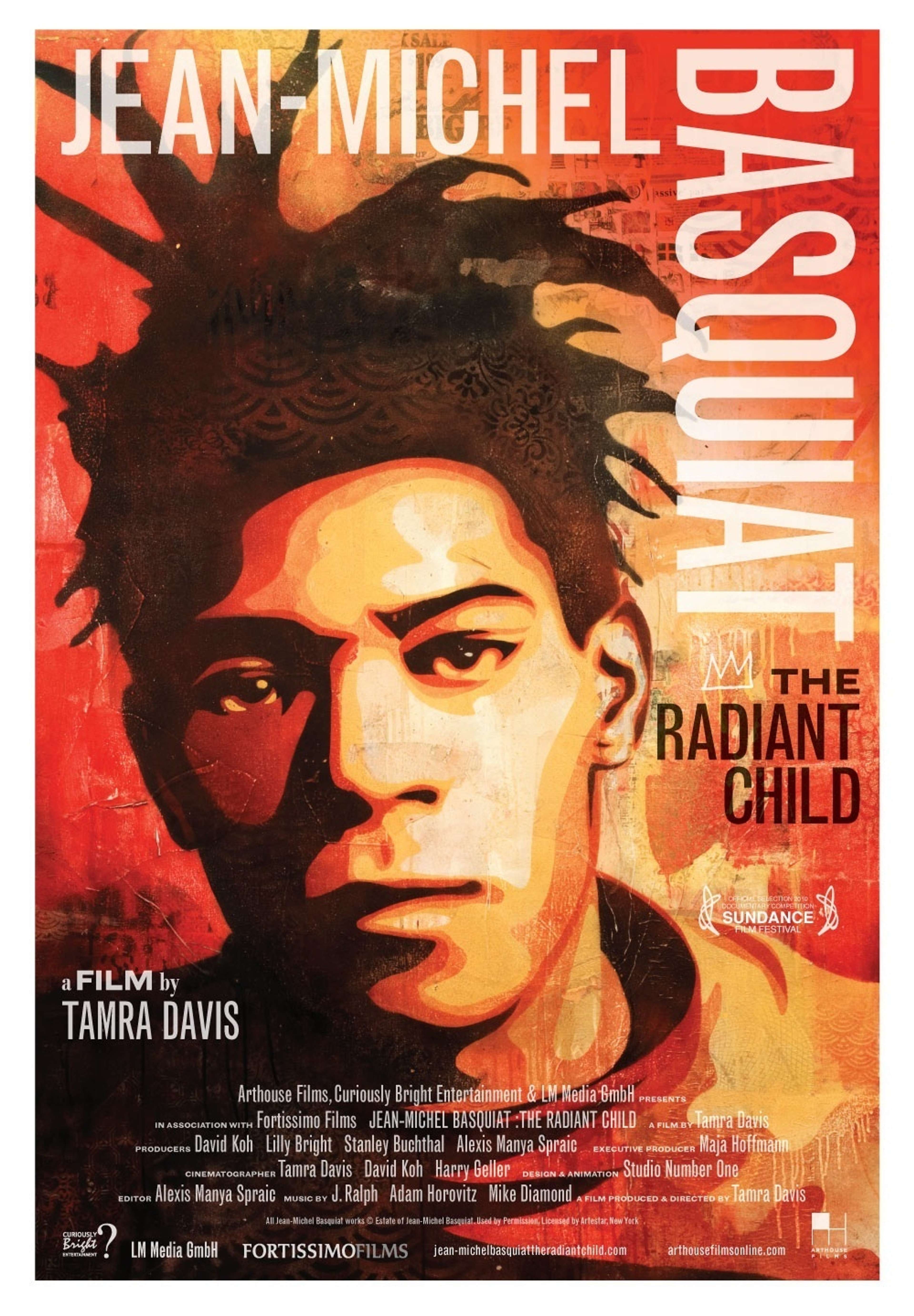 Une image de l'affiche du documentaire sur Basquiat, « The Radiant Child ». Elle montre un portrait stylisé de l'artiste, dans des tons chauds. Portrait Of An Artist