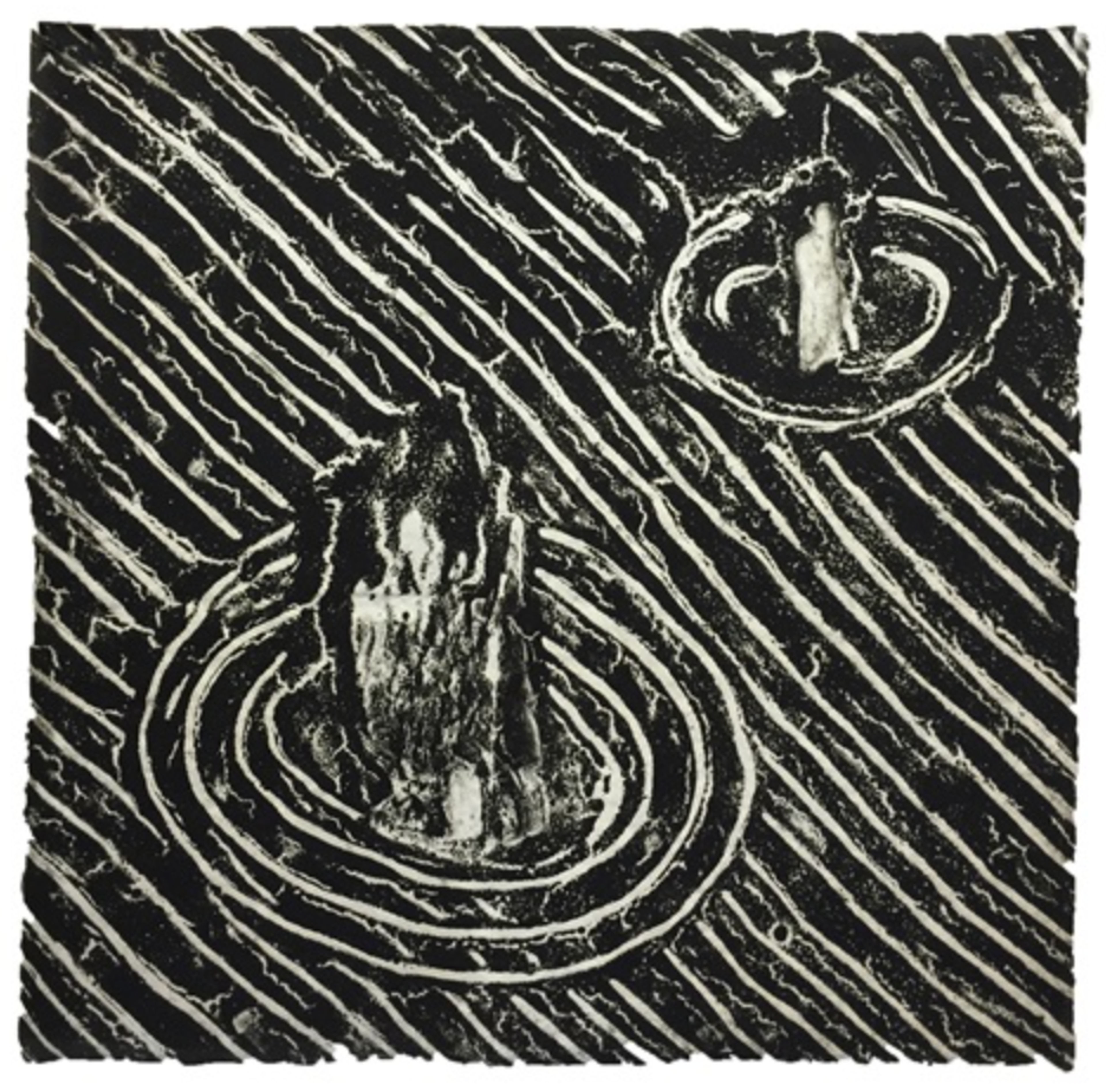 Une estampe à l'encre noire sur papier blanc représentant deux bougies éteintes sur une surface de table.
