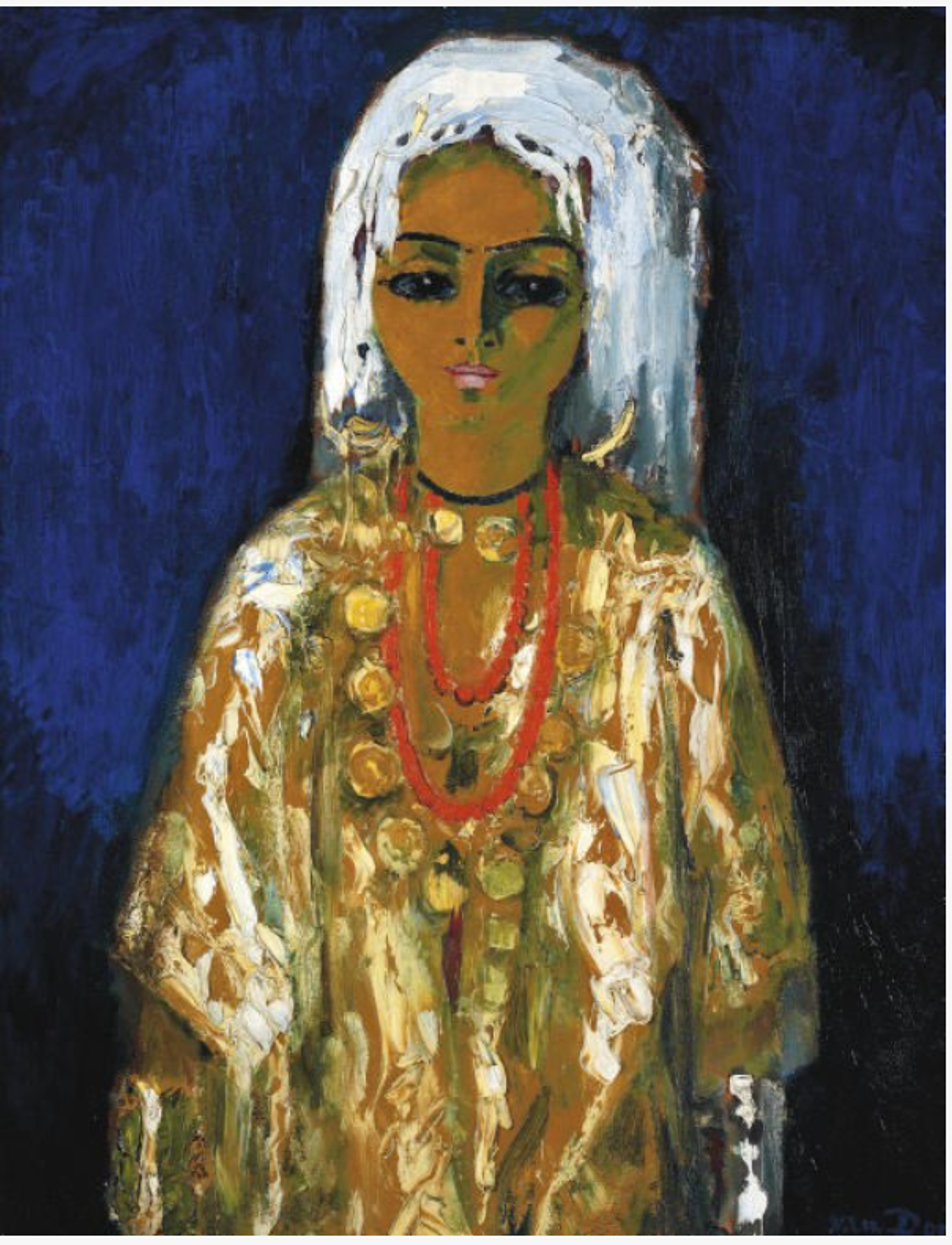 A stylised portrait of a North African woman with a white headdress against a dark blue background. She wears traditional gold jewellery and patterned orange-gold clothing that contrasts dramatically with the deep background.