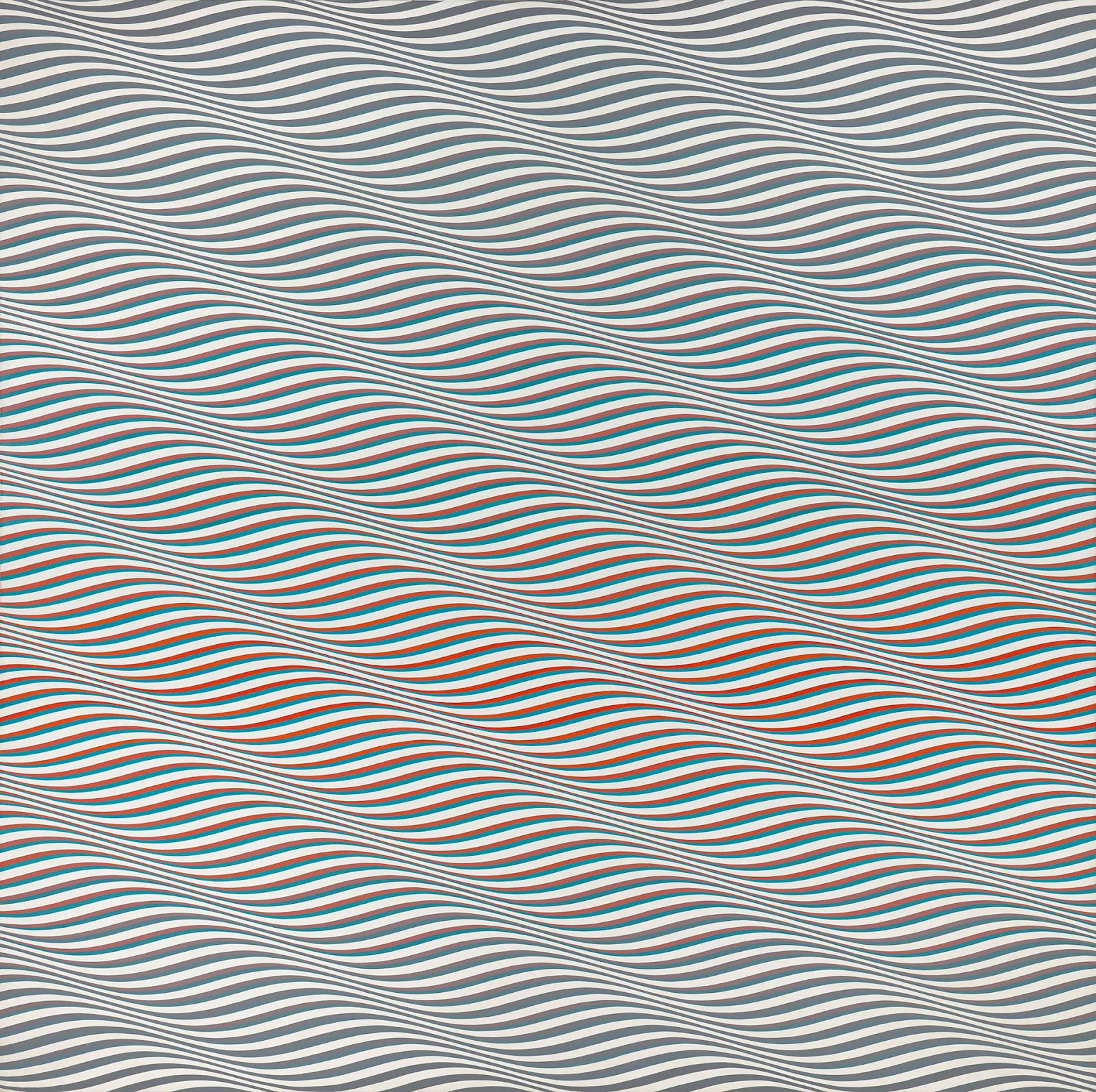 Une œuvre abstraite optique intitulée « Cataract 3 », composée de bandes verticales noires et blanches de largeurs variées, agencées selon un rythme qui crée une illusion de mouvement et de profondeur.