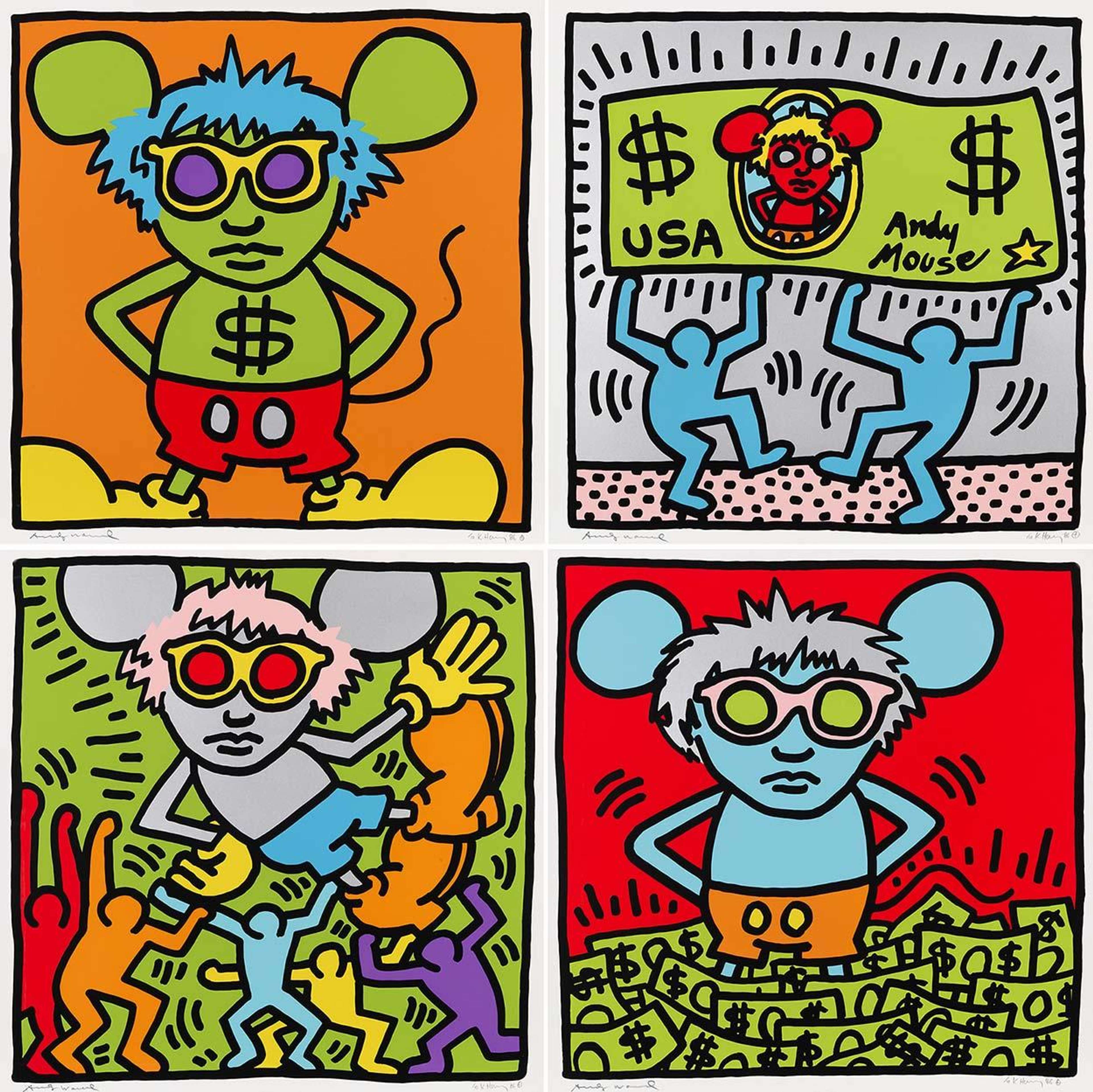 Screen print of a blue mouse-like figure standing on a pile of dollar bills against a bright background.