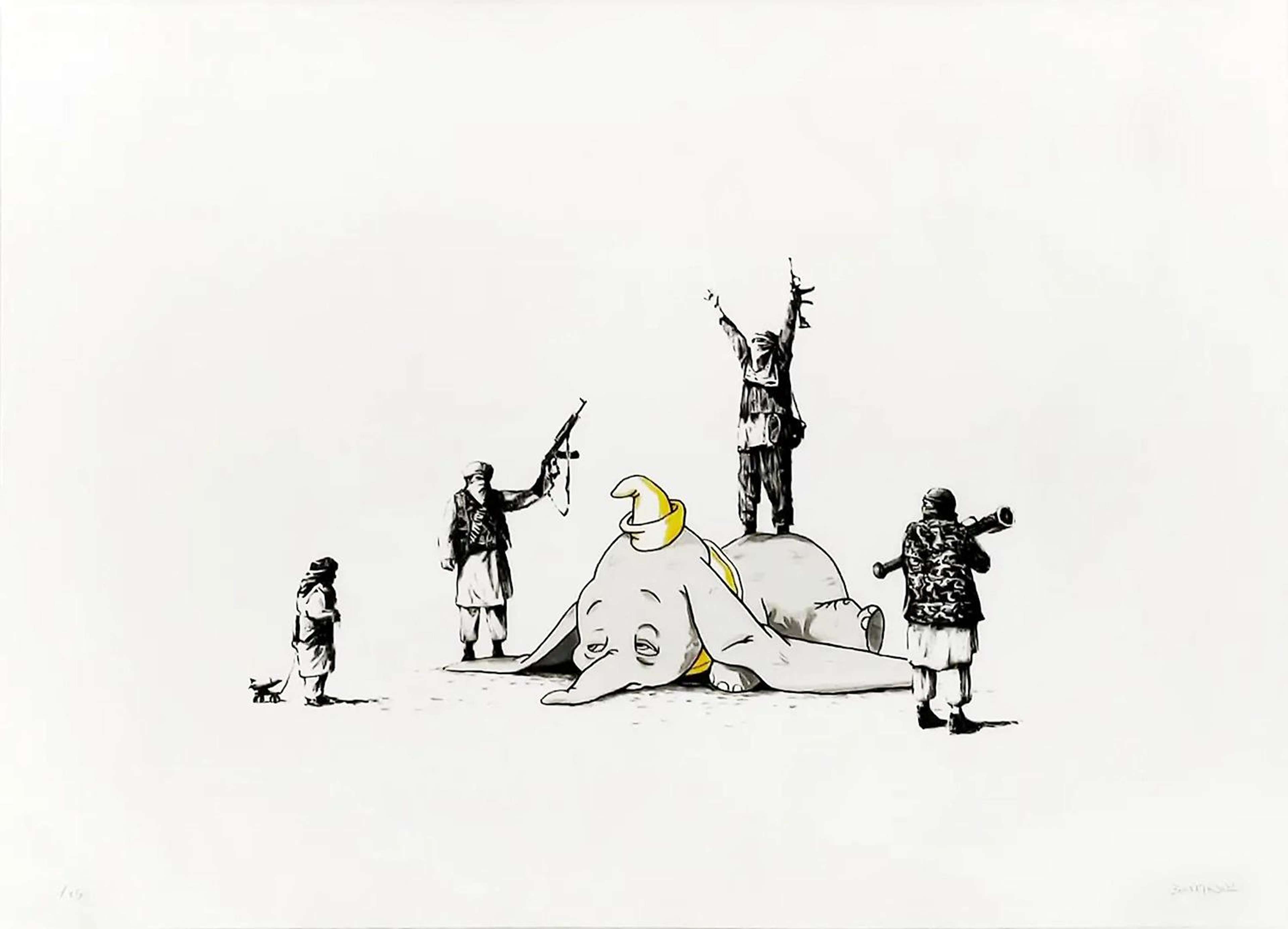 Estampe de Banksy représentant un éléphant de dessin animé à terre, entouré de personnages armés, avec une touche de chapeau jaune.