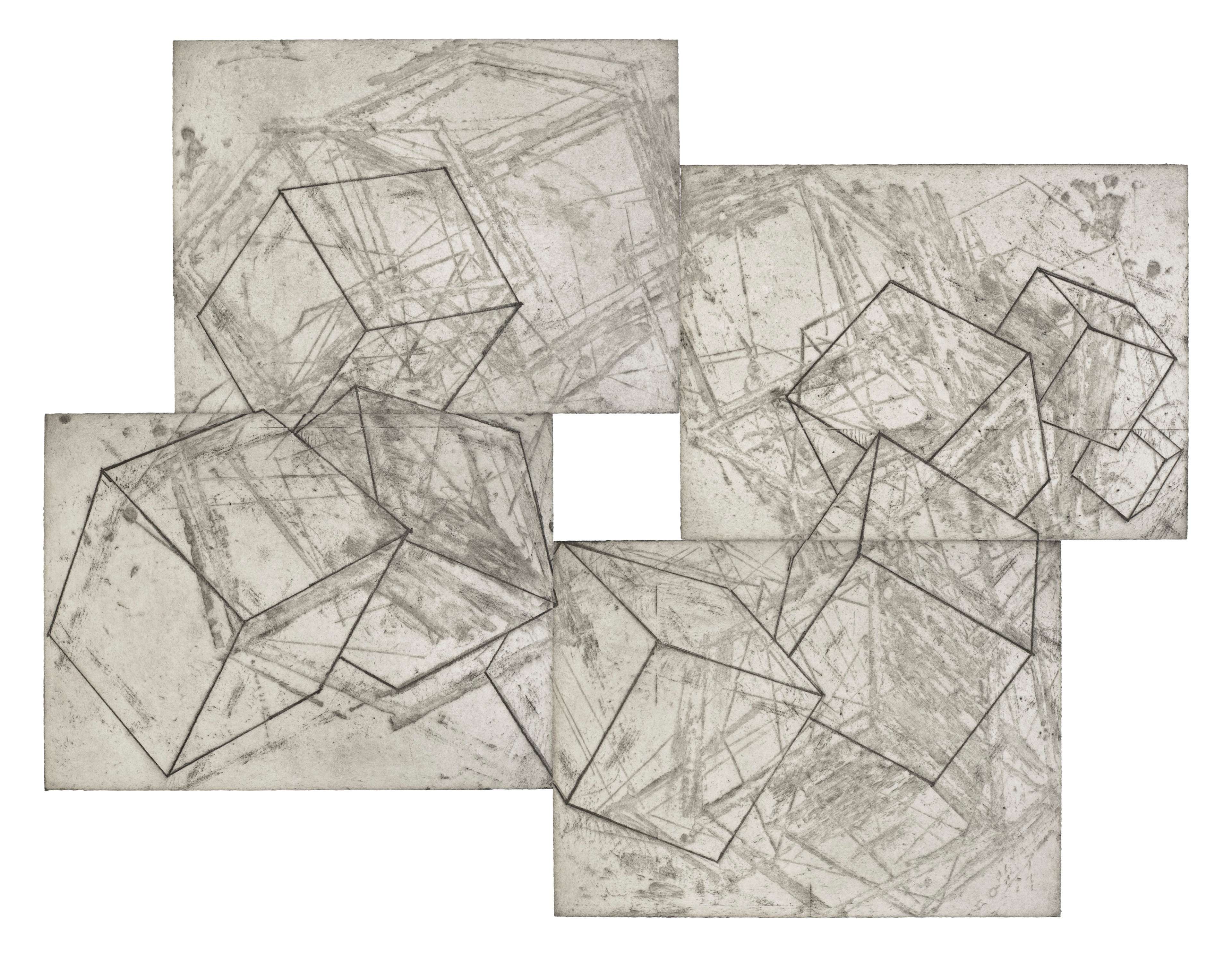 Une œuvre abstraite représentant plusieurs cubes en fil de fer superposés, dessinés en noir sur un fond texturé aux tons gris. La composition se compose de plusieurs panneaux rectangulaires disposés de manière irrégulière, avec un petit carré découpé au centre, créant un effet fragmenté et en couches. L'arrière-plan présente un aspect rugueux et griffé, ajoutant de la profondeur et de la texture aux formes géométriques.