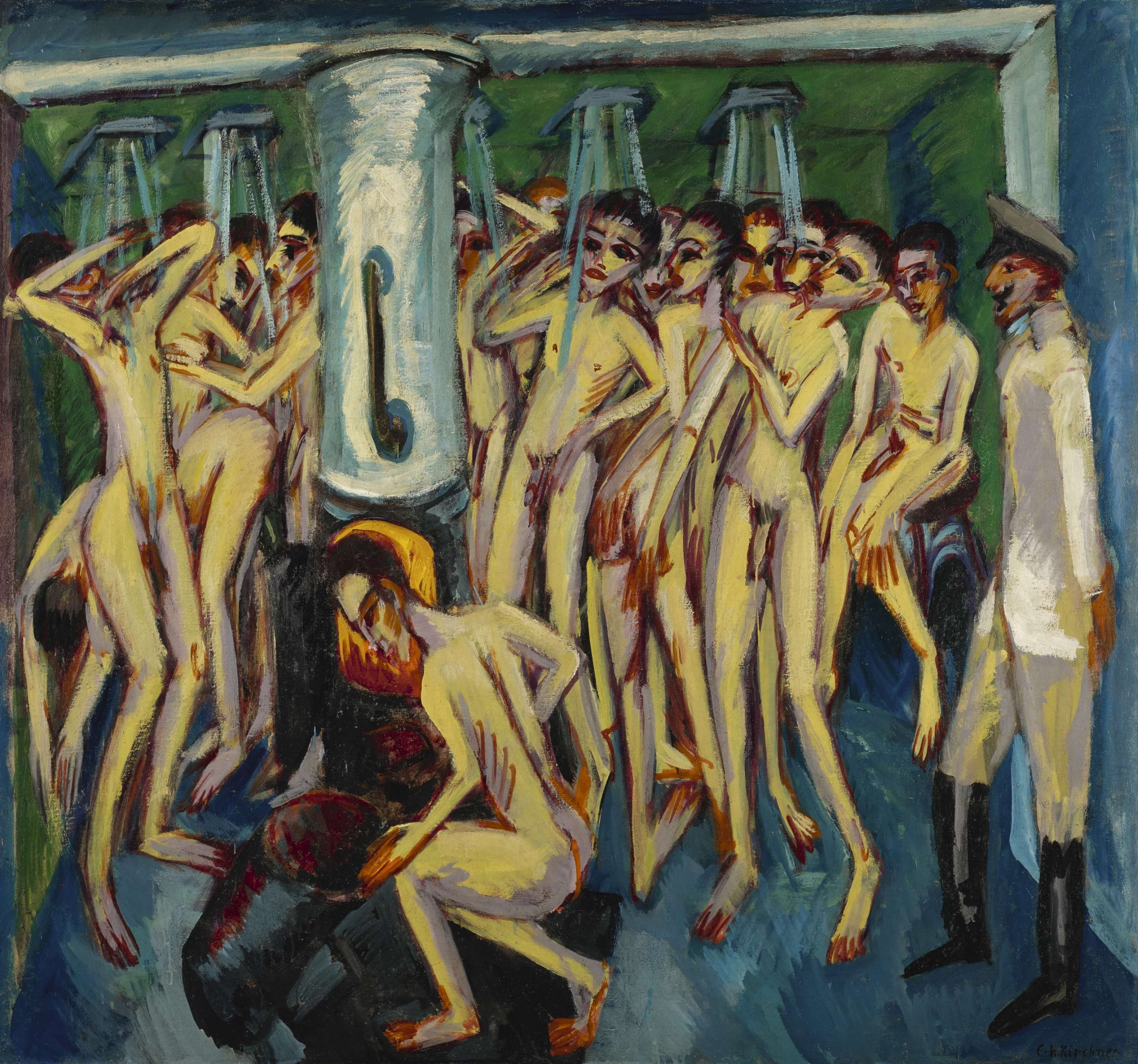 A painting of a group of naked male soldiers in a communal bathing setting, standing under shower heads. A fire, being stoked by one of the figures, stands in the foreground. The figures are rendered with angular, elongated proportions and positioned in a compressed, claustrophobic space. The composition uses distorted perspective and unnatural, emotionally charged colours, such as yellow and grey for the skin. The men's bodies are depicted with sharply defined contours and simplified forms, creating a sense of vulnerability.