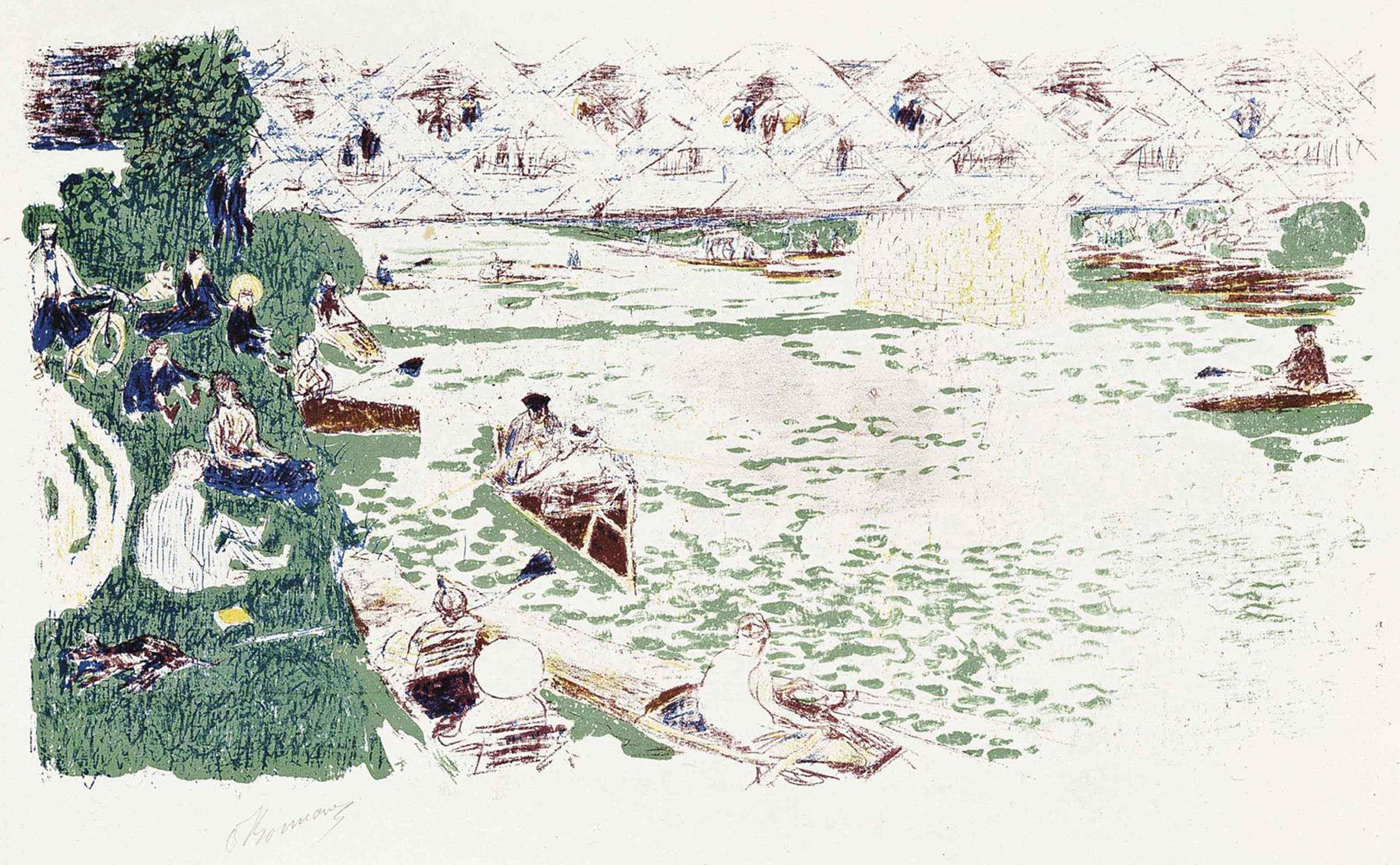 Une scène animée d'un front de rivière. On y voit des bateaux sur l'eau, des personnes assises sur la berge et un pont au loin. L'œuvre est principalement blanche, avec des détails ajoutés à l'eau et à la berge en turquoise, et des détails ajoutés aux bateaux et aux personnes avec des lignes marron et bleu foncé.
