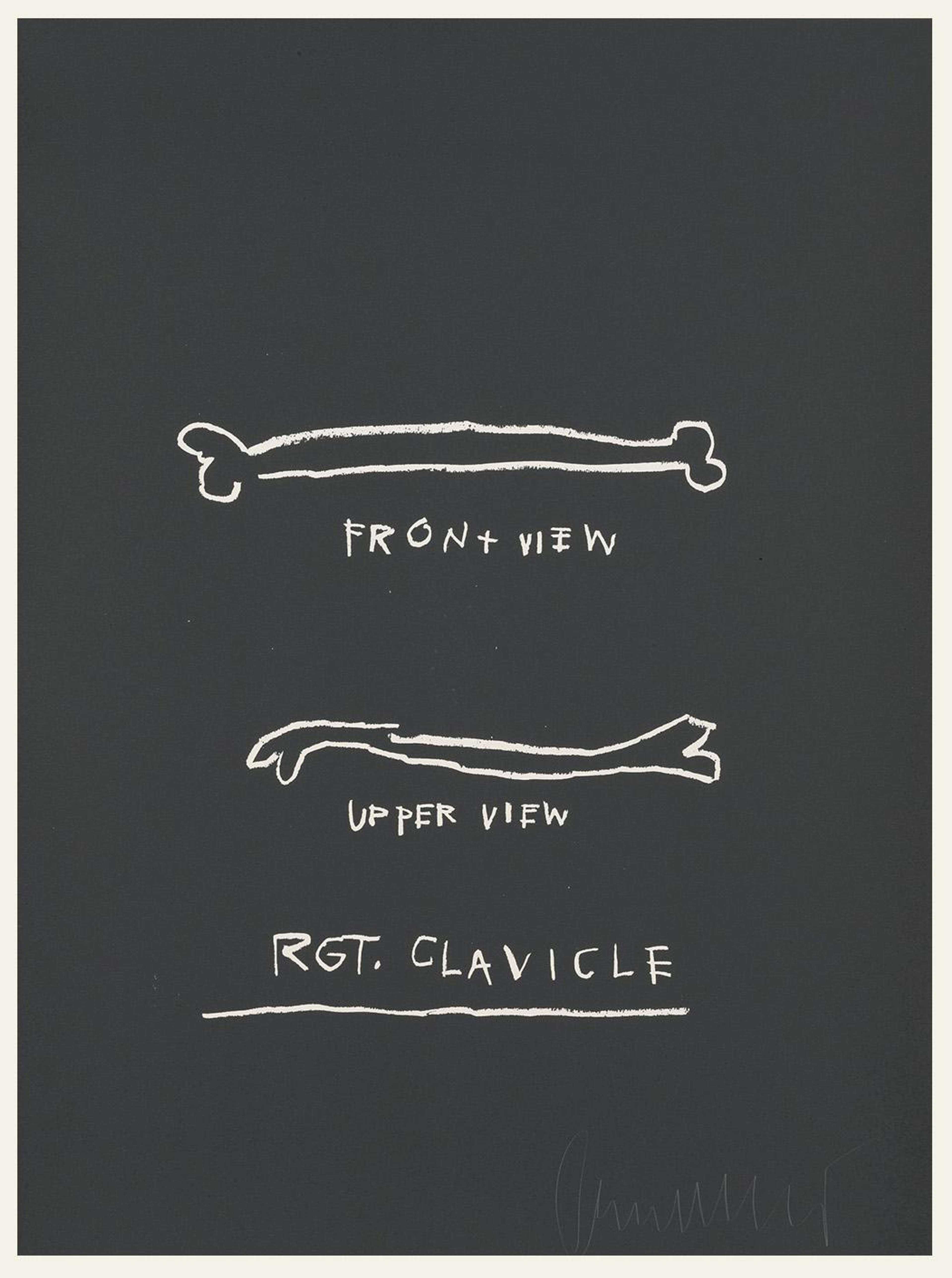 Une sérigraphie de Jean-Michel Basquiat représentant des os et du texte en blanc sur un fond noir.