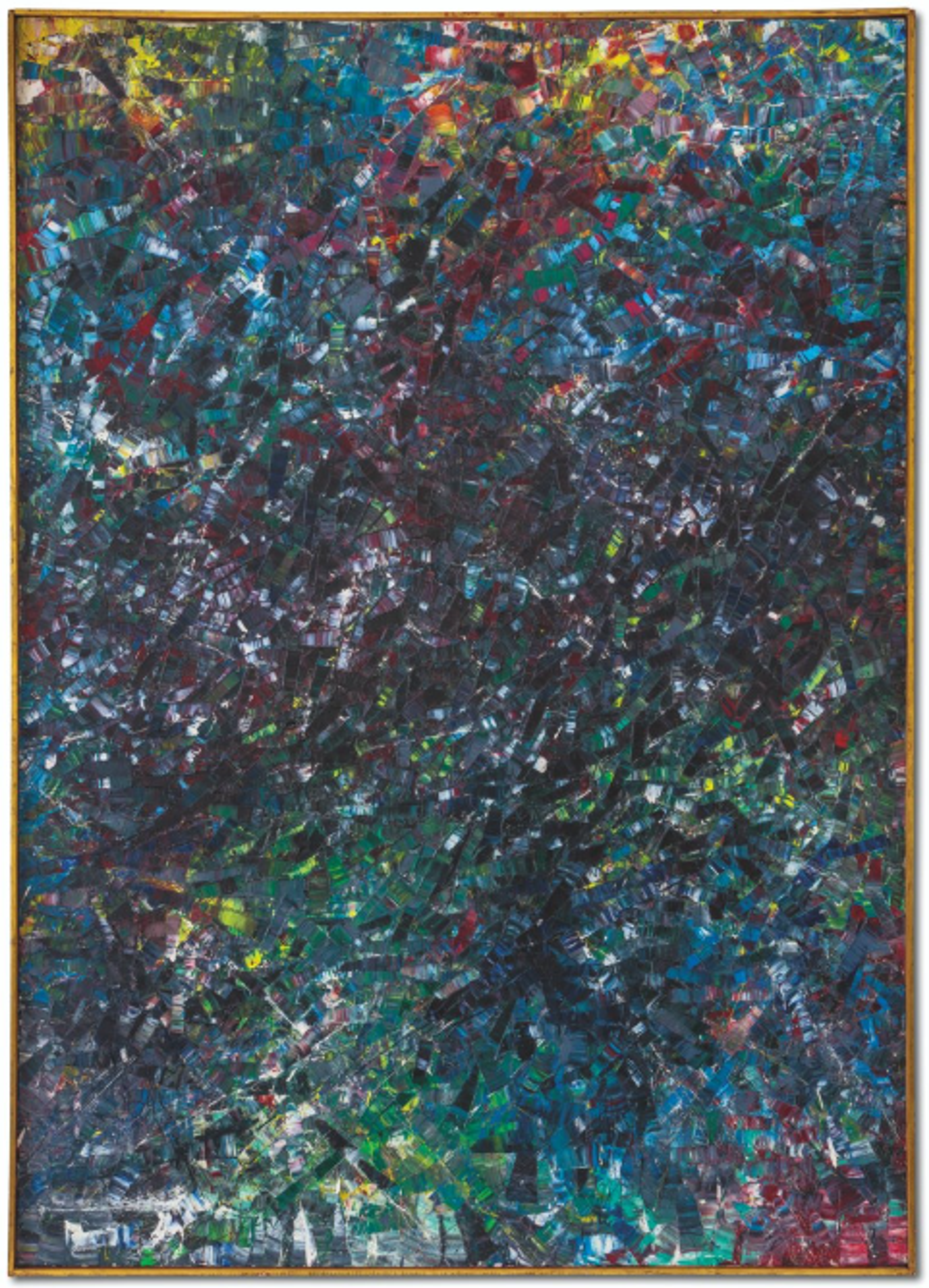 A composition with diverse colours in a densely packed mosaic pattern. Dark blue and black create depth against small flecks of yellow, red, and green. The heavy texture from palette knife application shows colours emerging from shadow, reflecting the work's title.