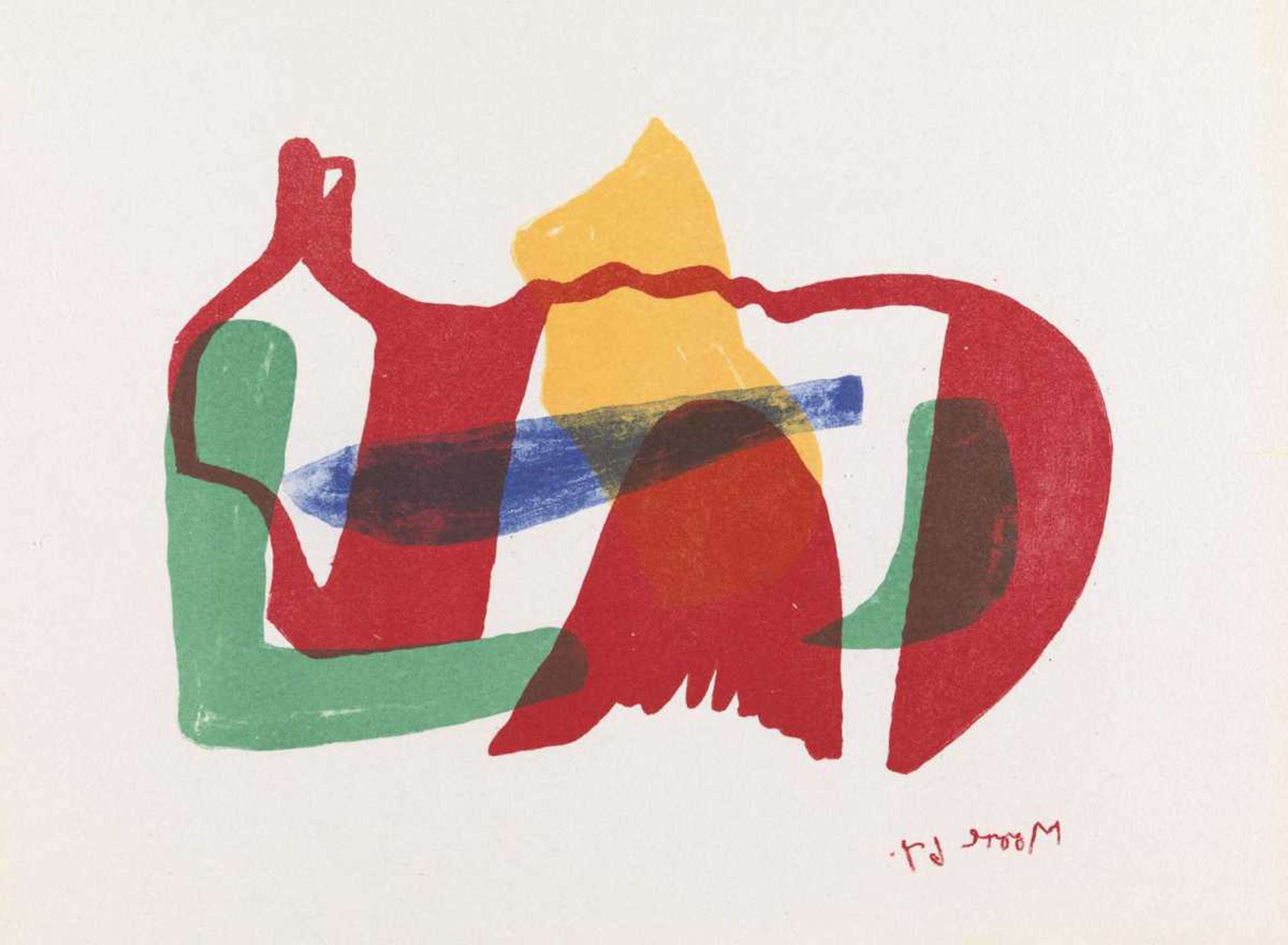 Sérigraphie abstraite mettant en scène une figuration gestuelle dans les couleurs rouge, jaune et vert.