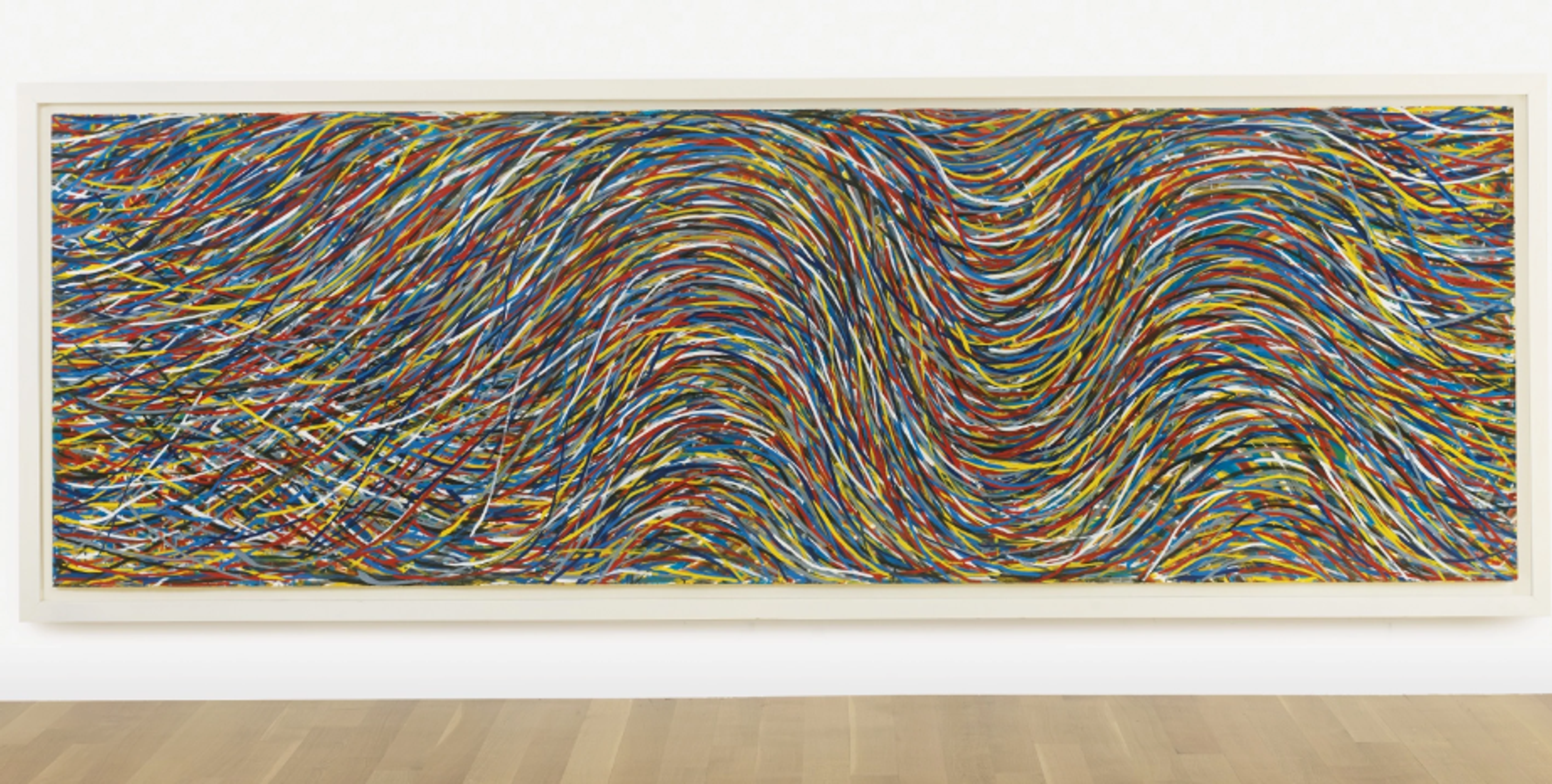 An artwork completely filled with wavy brushstrokes. They run from left to right, generally forming two waves, but without uniformity. The colours used are blue, red, yellow, black, and white. The colours overlap and intermingle.