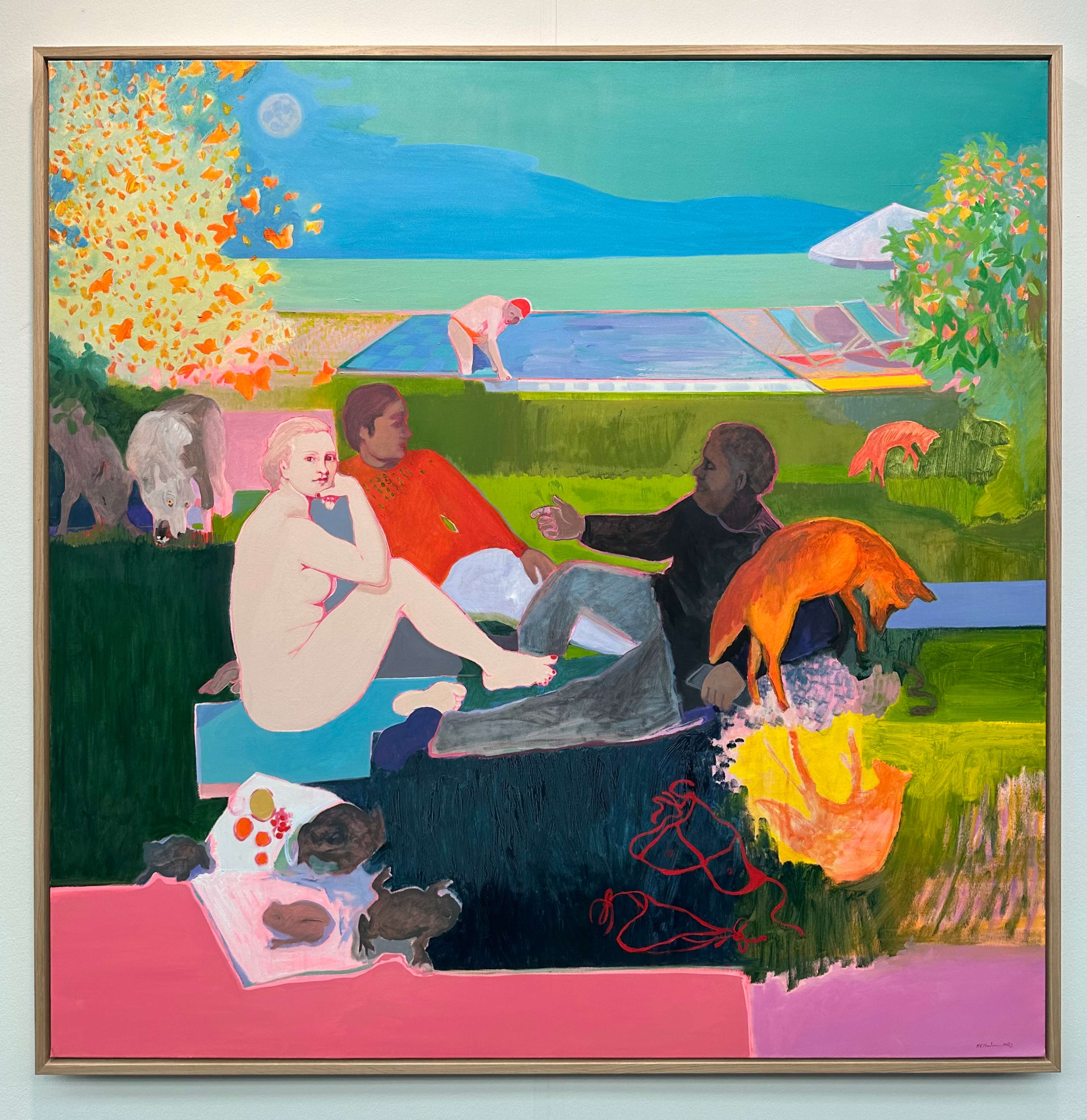 Une peinture de Marie Elisabeth Merlin représentant une scène extérieure avec des personnages dans des couleurs vives et néon.