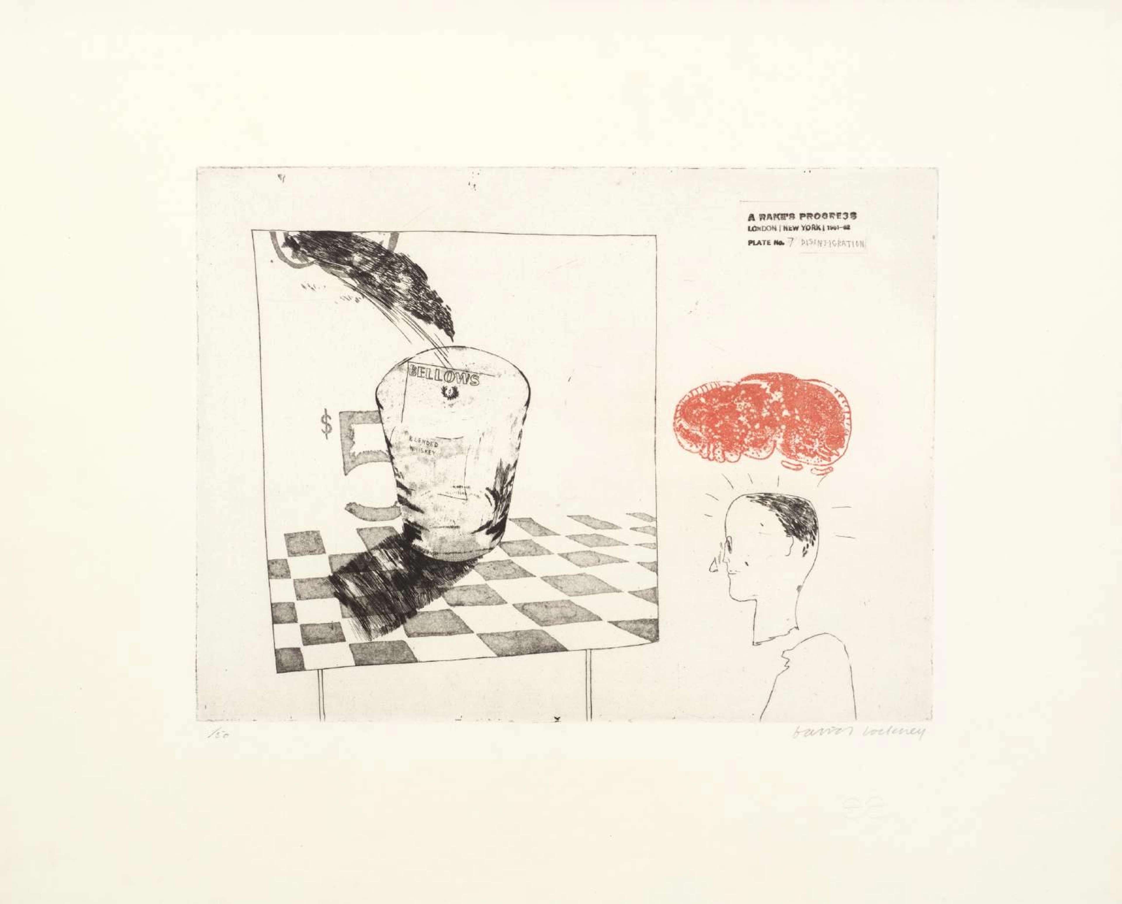 Dans "Disintegration", le personnage regarde un panneau publicitaire pour du whisky montrant un verre vide sur une nappe à carreaux. Le nez du personnage semble avoir été coupé de son visage, et au-dessus de sa tête flotte un nuage d'encre rouge inquiétant.