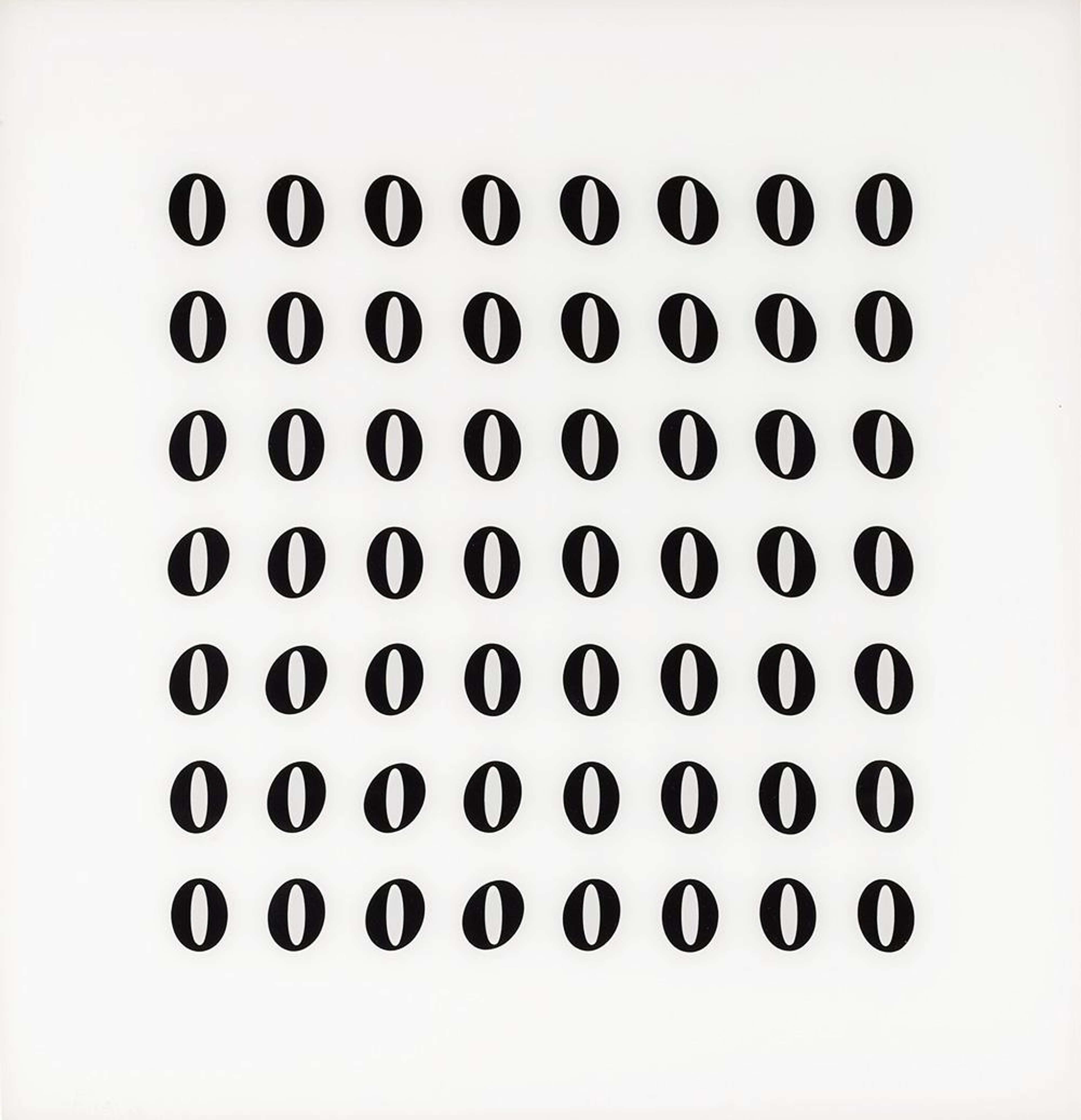 Fragment 4 de Bridget Riley. Une sérigraphie Op Art représentant huit colonnes de formes circulaires noires sur fond blanc.