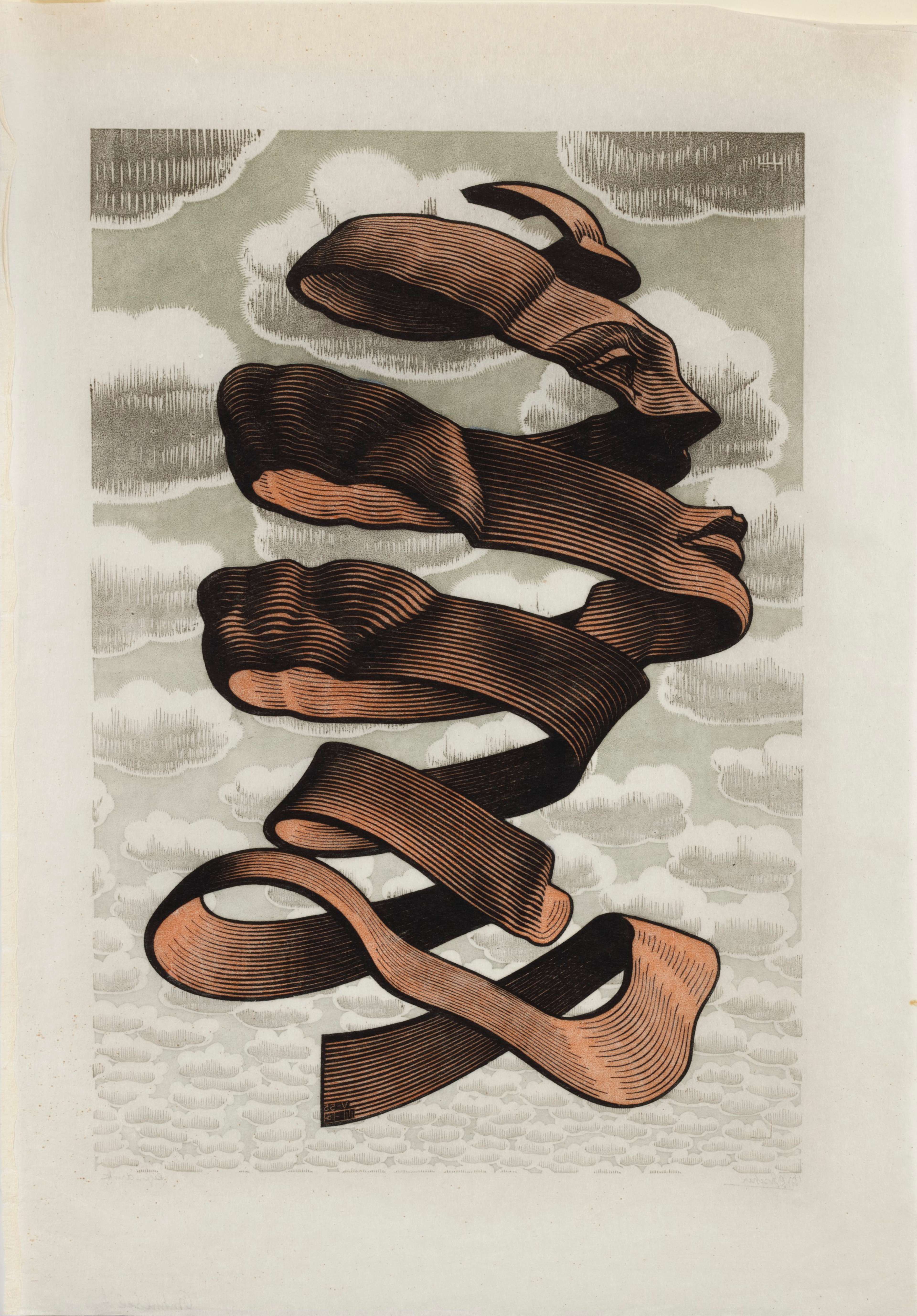 Une gravure sur bois représentant une sphère tridimensionnelle composée d'un motif répétitif de formes entrelacées évoquant l'écorce d'une orange.